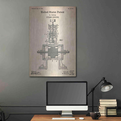 Luxe Metal Art 'Tesla Steam Engine Blueprint Patent Parchment' Metal Wall Art,24x36
