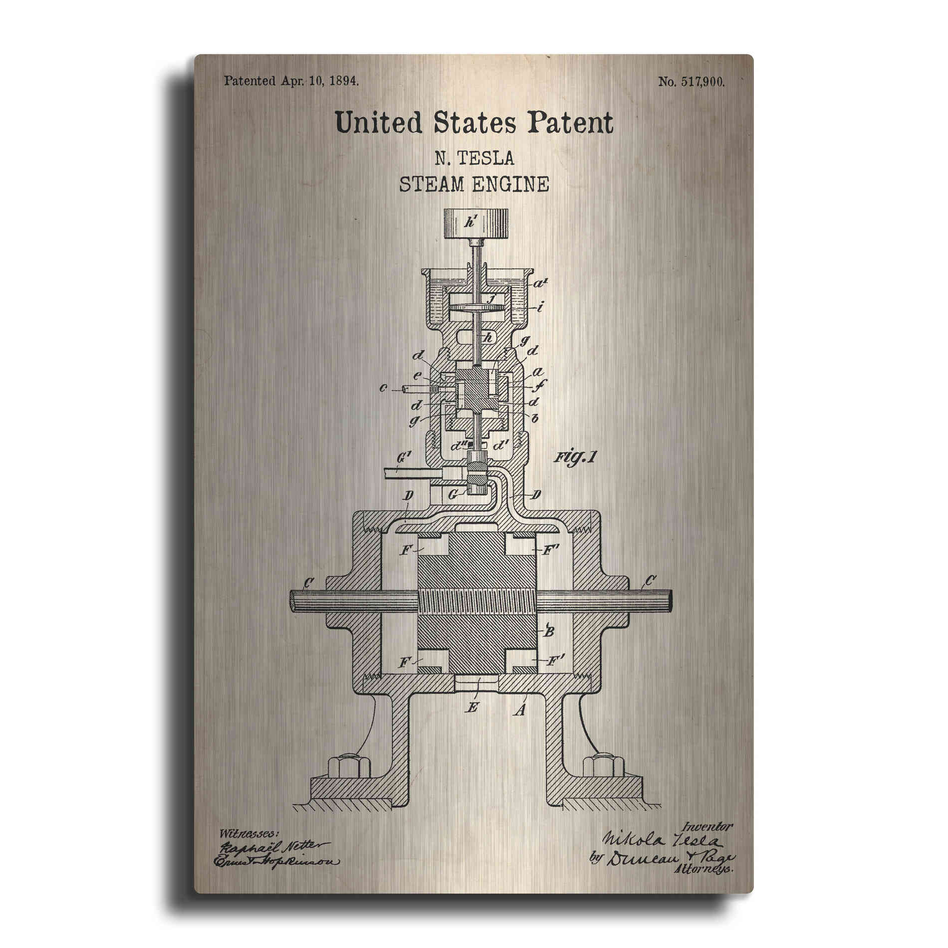 Luxe Metal Art 'Tesla Steam Engine Blueprint Patent Parchment' Metal Wall Art