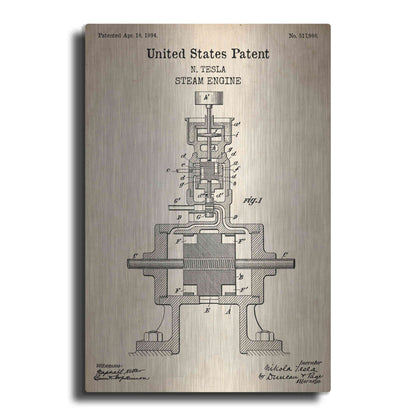 Luxe Metal Art 'Tesla Steam Engine Blueprint Patent Parchment' Metal Wall Art