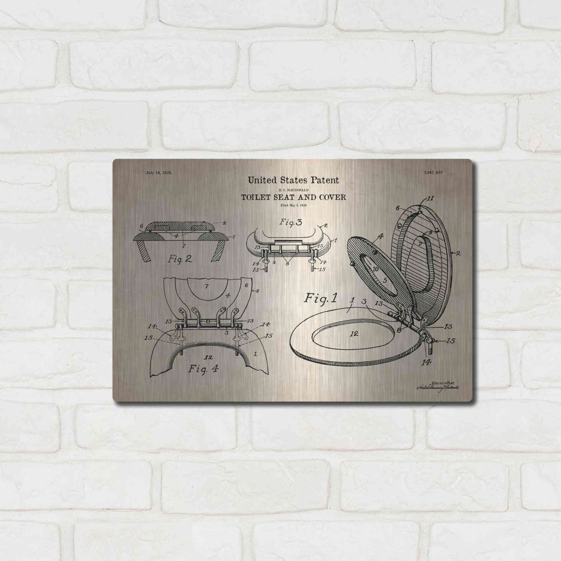 Luxe Metal Art 'Toilet Seat Cover Blueprint Patent Parchment' Metal Wall Art,16x12