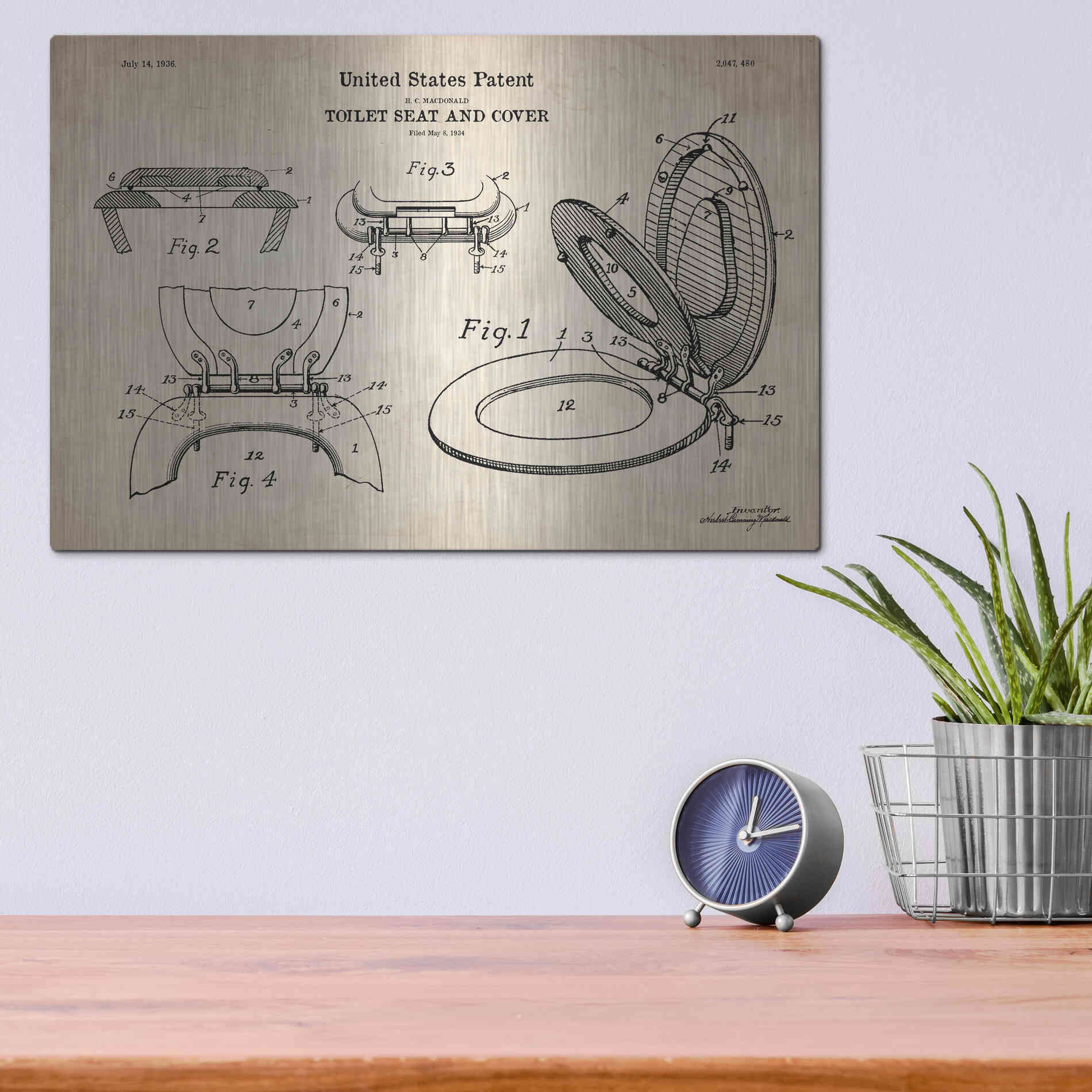Luxe Metal Art 'Toilet Seat Cover Blueprint Patent Parchment' Metal Wall Art,16x12