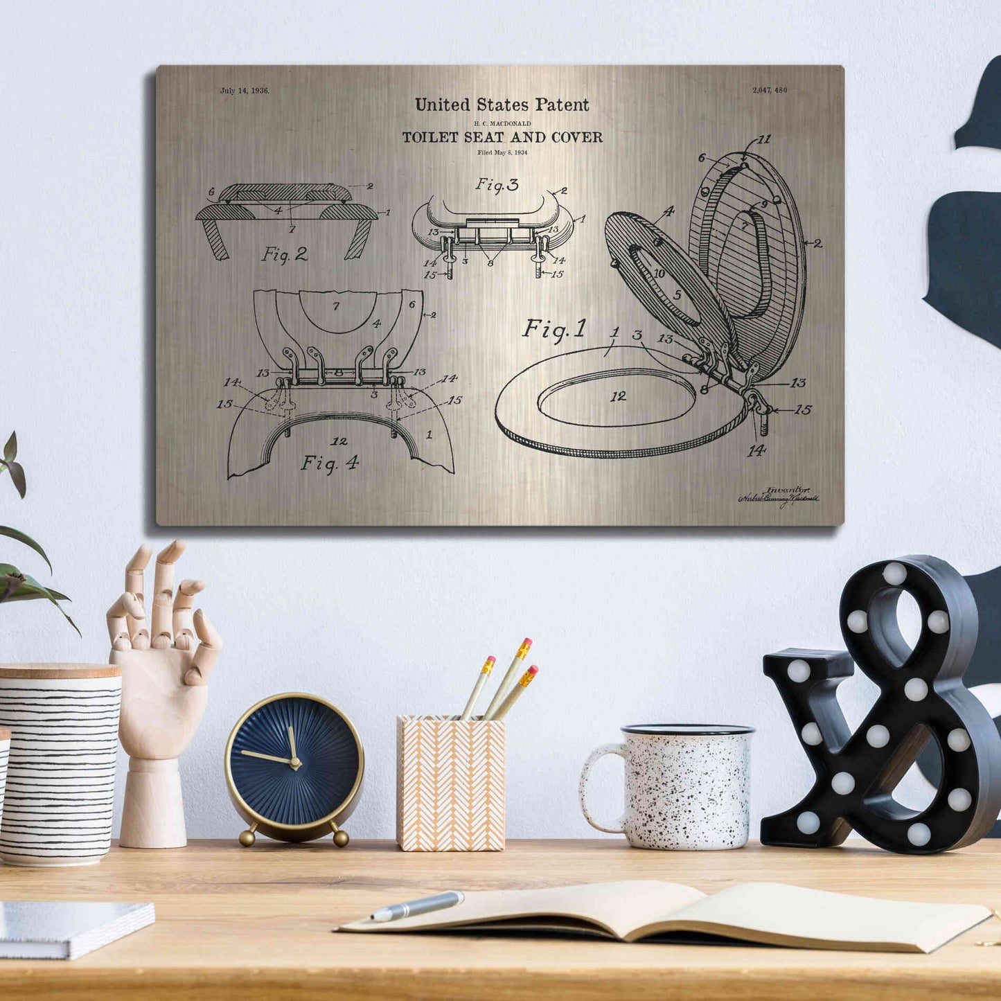 Luxe Metal Art 'Toilet Seat Cover Blueprint Patent Parchment' Metal Wall Art,16x12