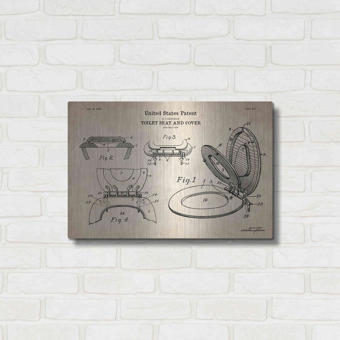 Luxe Metal Art 'Toilet Seat Cover Blueprint Patent Parchment' Metal Wall Art,24x16