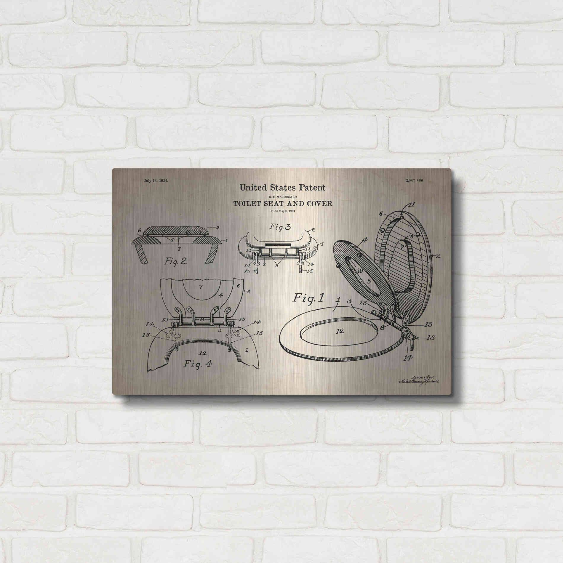 Luxe Metal Art 'Toilet Seat Cover Blueprint Patent Parchment' Metal Wall Art,24x16