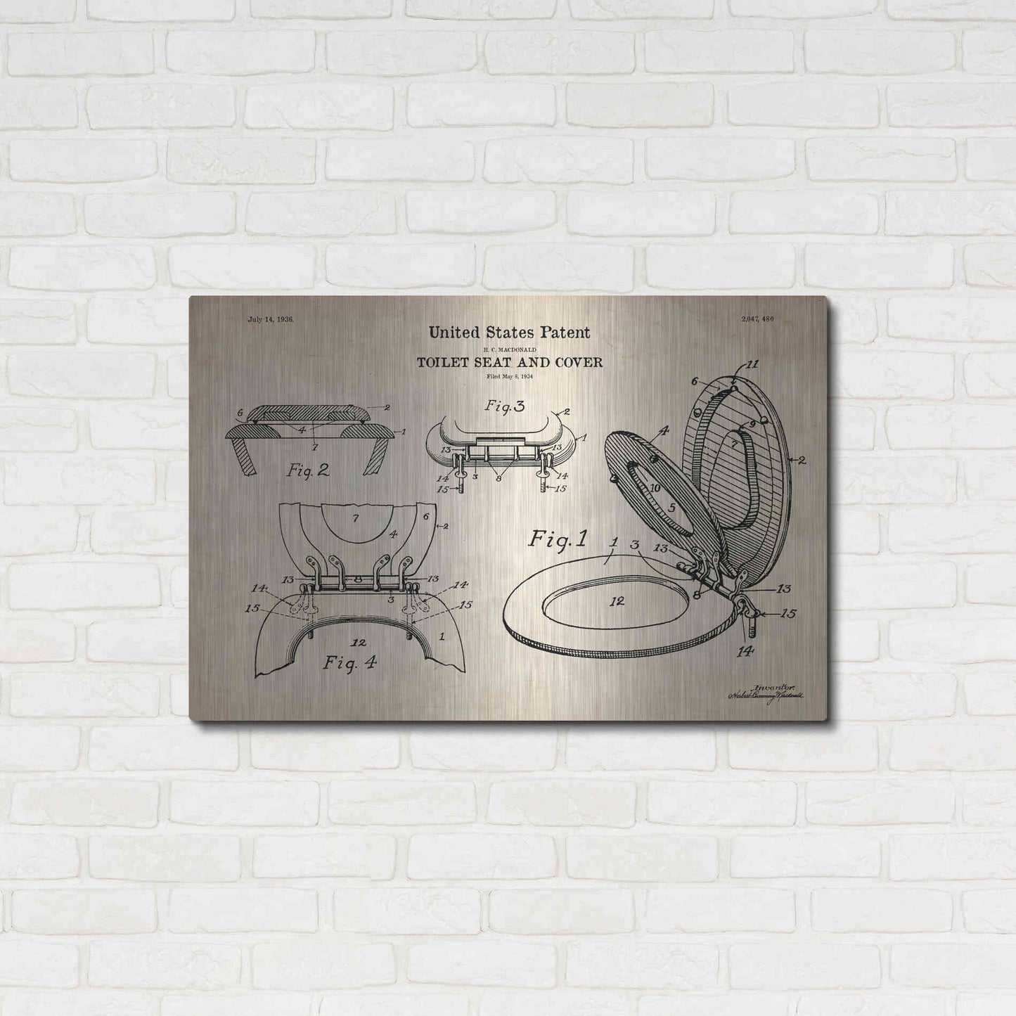 Luxe Metal Art 'Toilet Seat Cover Blueprint Patent Parchment' Metal Wall Art,36x24