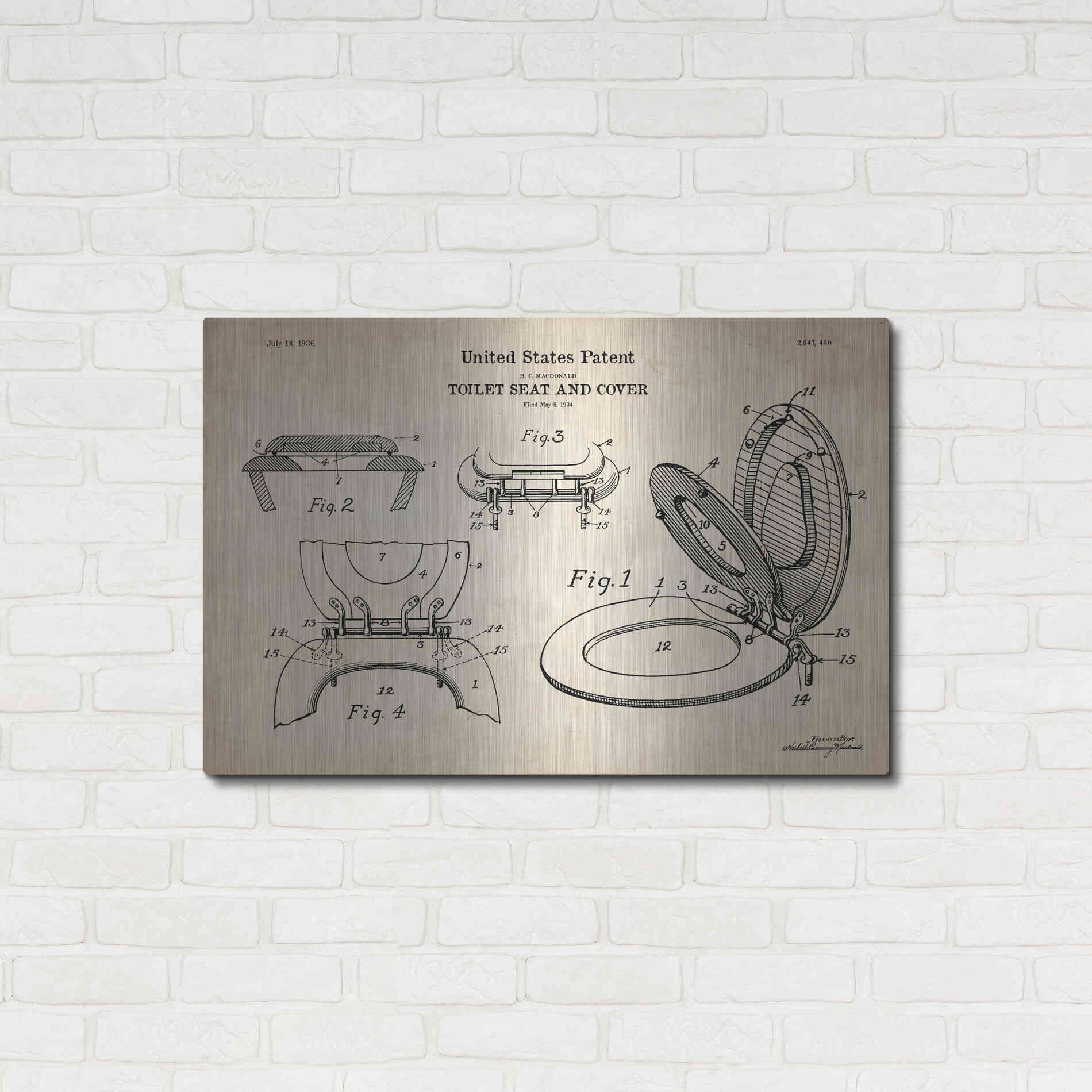 Luxe Metal Art 'Toilet Seat Cover Blueprint Patent Parchment' Metal Wall Art,36x24