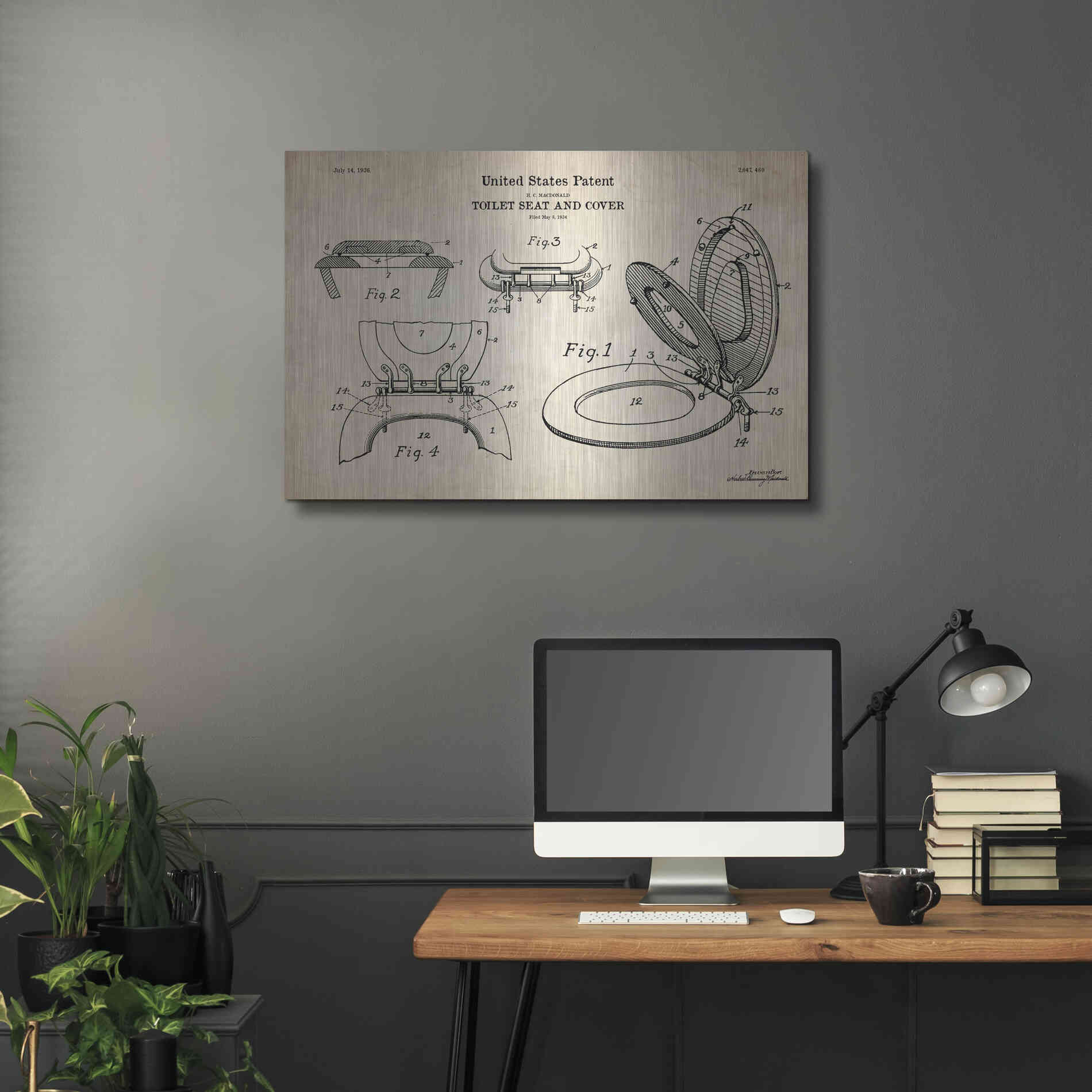 Luxe Metal Art 'Toilet Seat Cover Blueprint Patent Parchment' Metal Wall Art,36x24