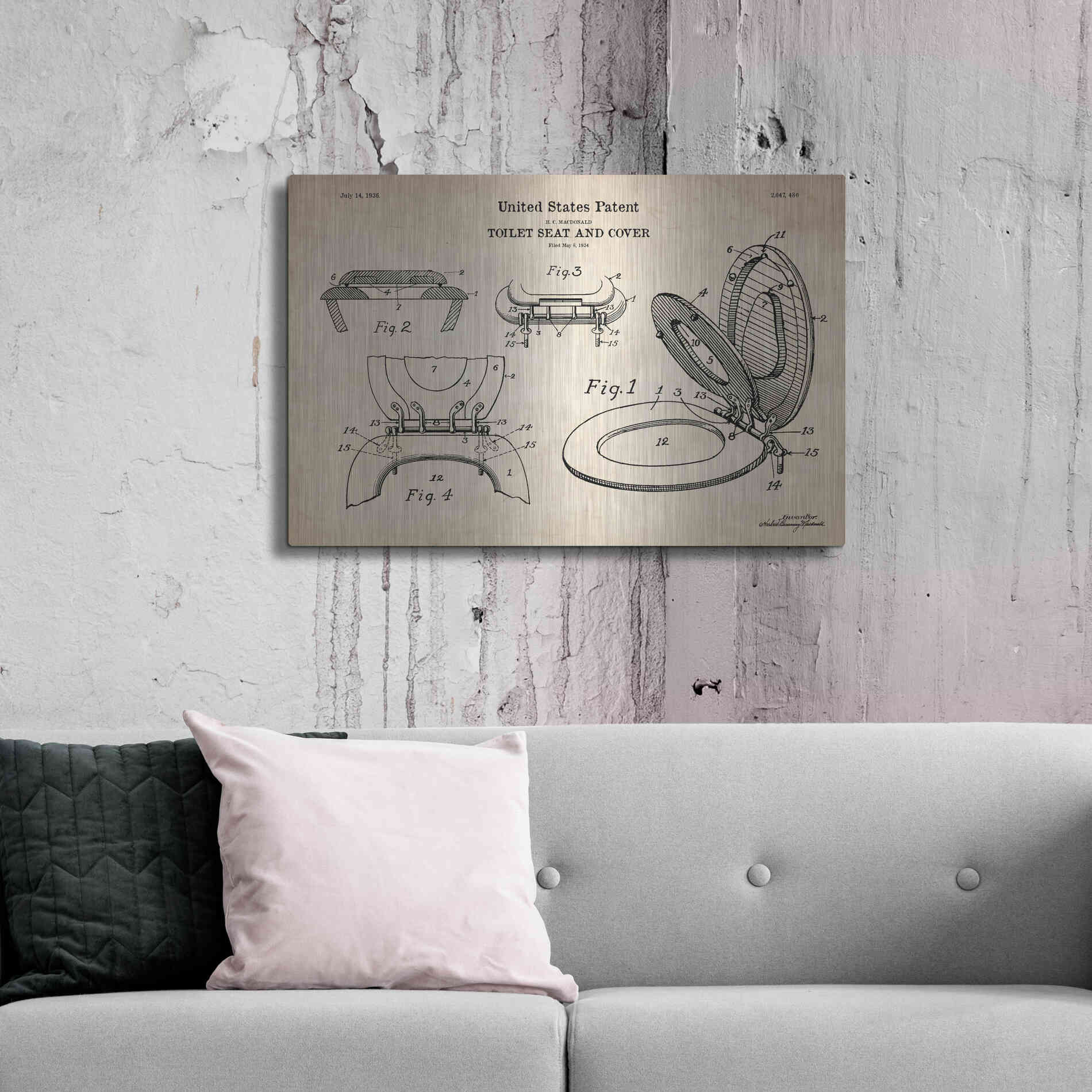 Luxe Metal Art 'Toilet Seat Cover Blueprint Patent Parchment' Metal Wall Art,36x24
