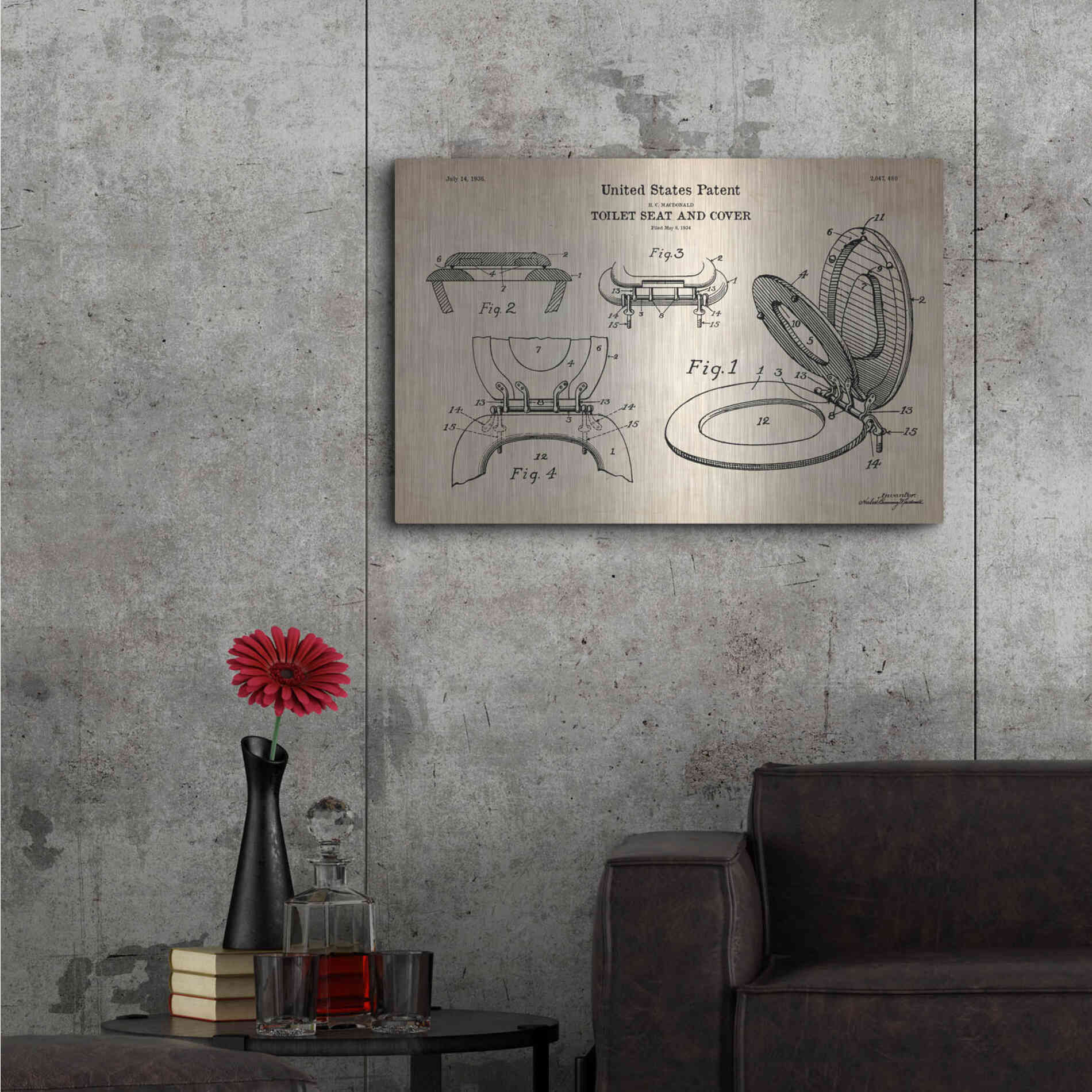 Luxe Metal Art 'Toilet Seat Cover Blueprint Patent Parchment' Metal Wall Art,36x24