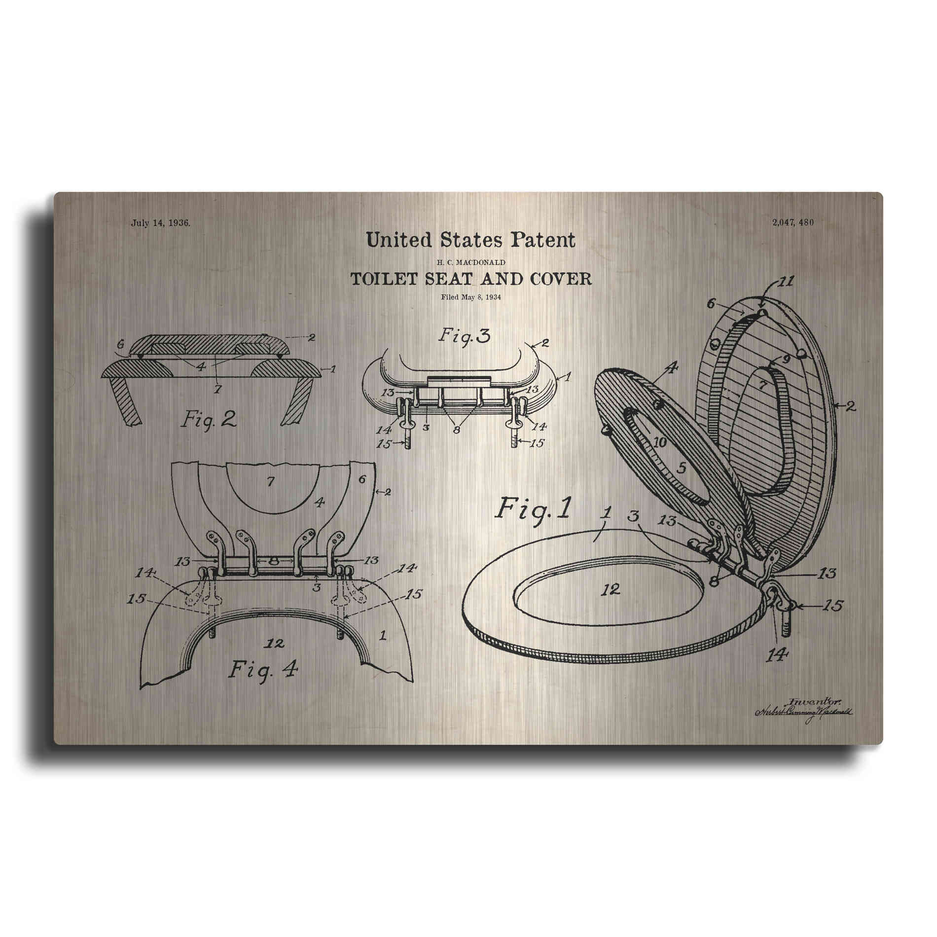 Luxe Metal Art 'Toilet Seat Cover Blueprint Patent Parchment' Metal Wall Art