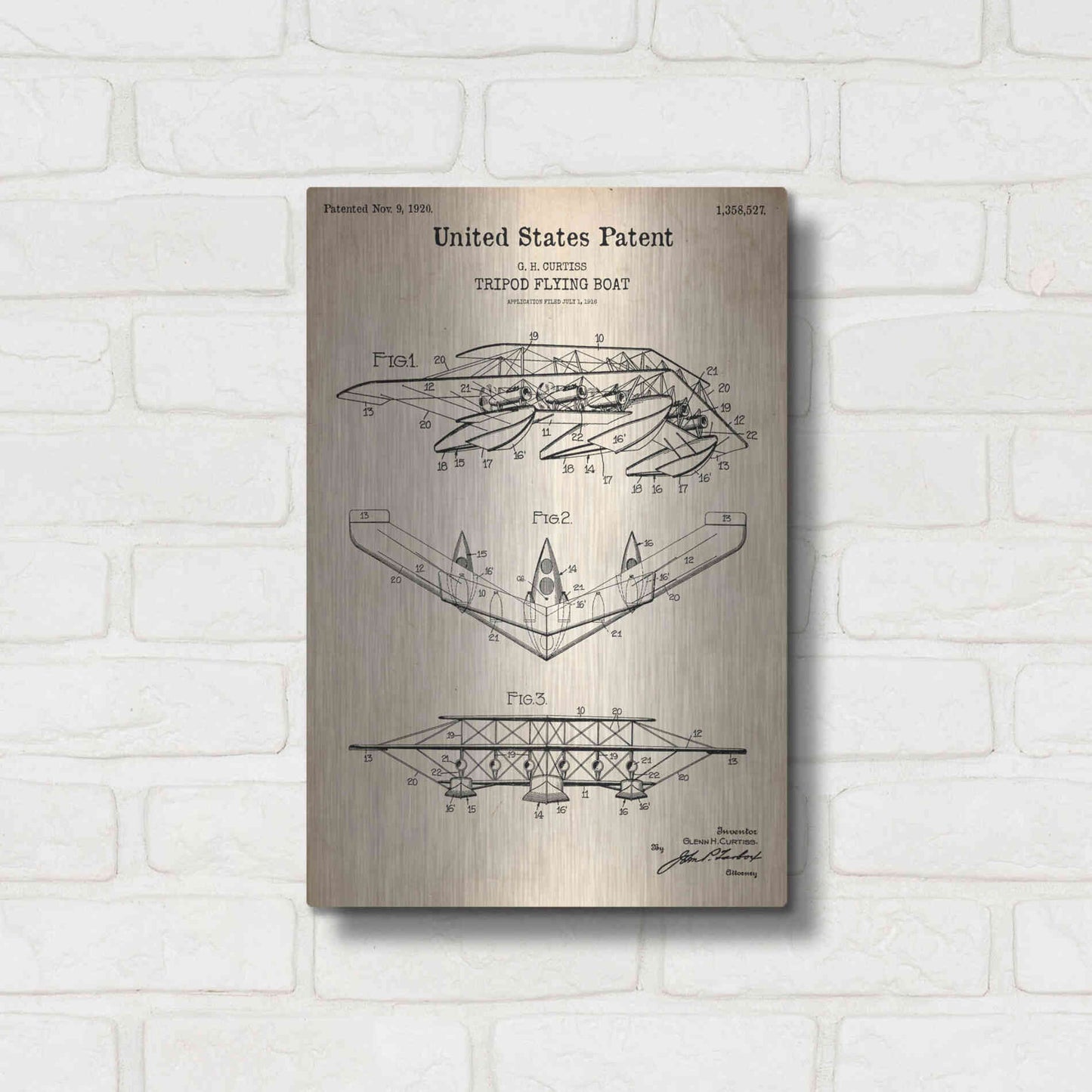 Luxe Metal Art 'Tripod Flying Boat Blueprint Patent Parchment' Metal Wall Art,12x16