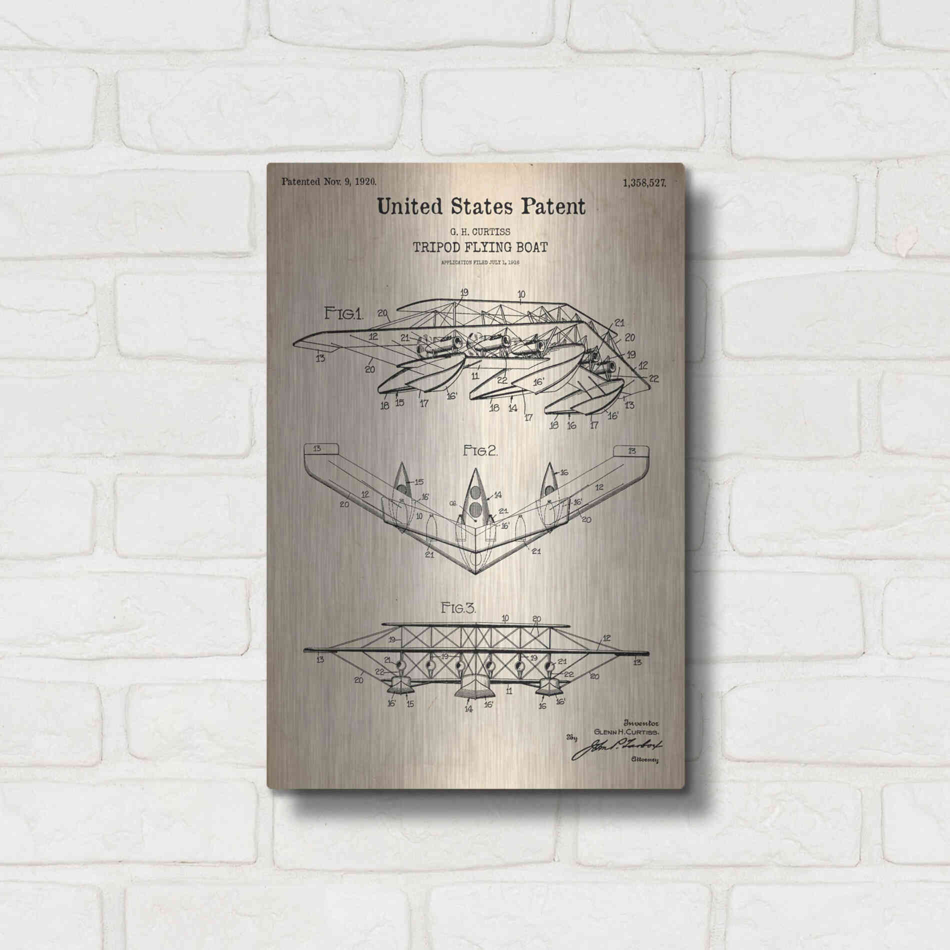 Luxe Metal Art 'Tripod Flying Boat Blueprint Patent Parchment' Metal Wall Art,12x16