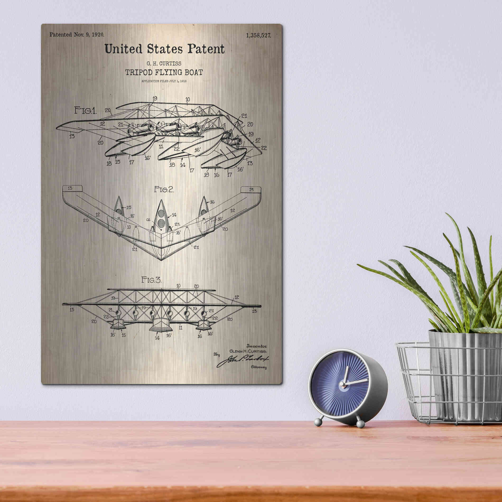 Luxe Metal Art 'Tripod Flying Boat Blueprint Patent Parchment' Metal Wall Art,12x16