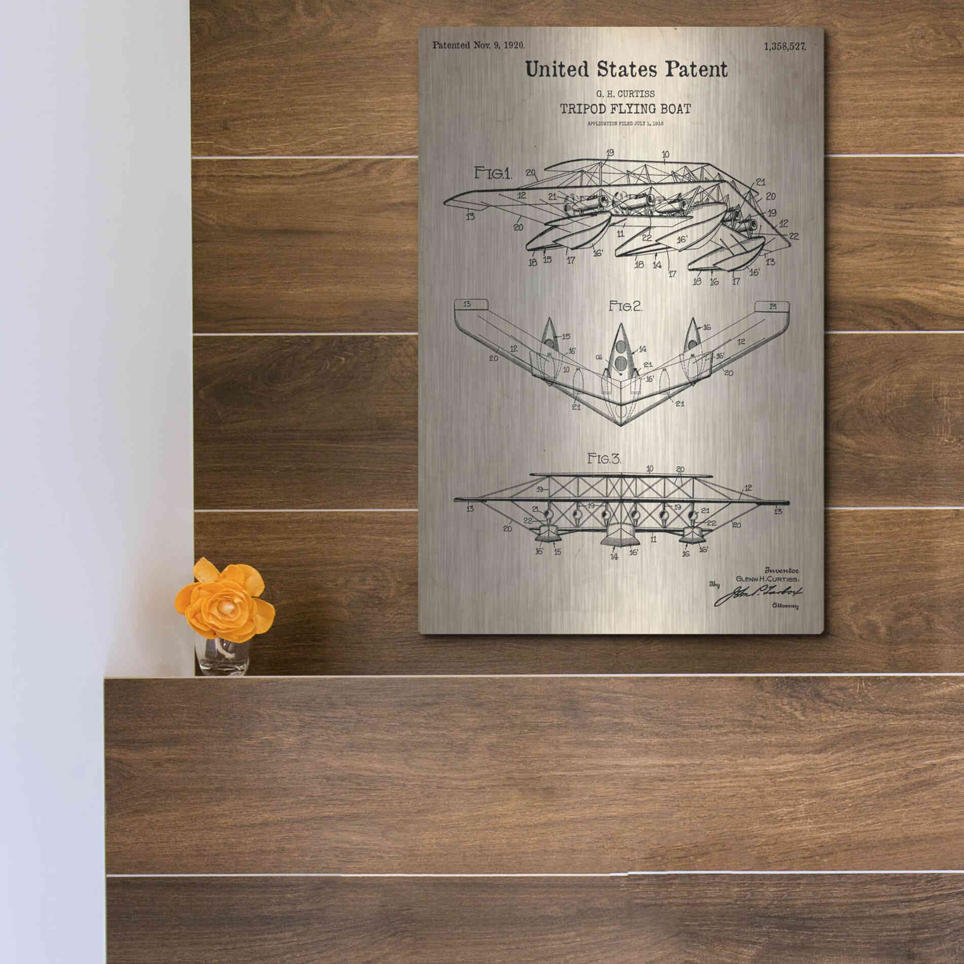 Luxe Metal Art 'Tripod Flying Boat Blueprint Patent Parchment' Metal Wall Art,12x16