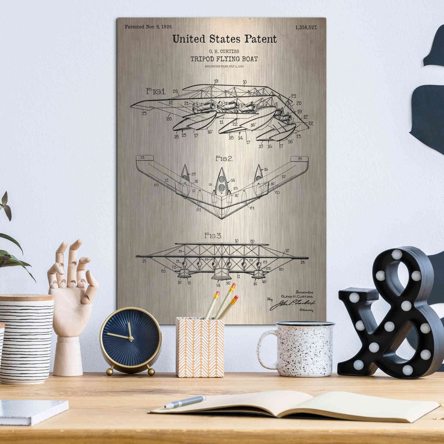Luxe Metal Art 'Tripod Flying Boat Blueprint Patent Parchment' Metal Wall Art,12x16