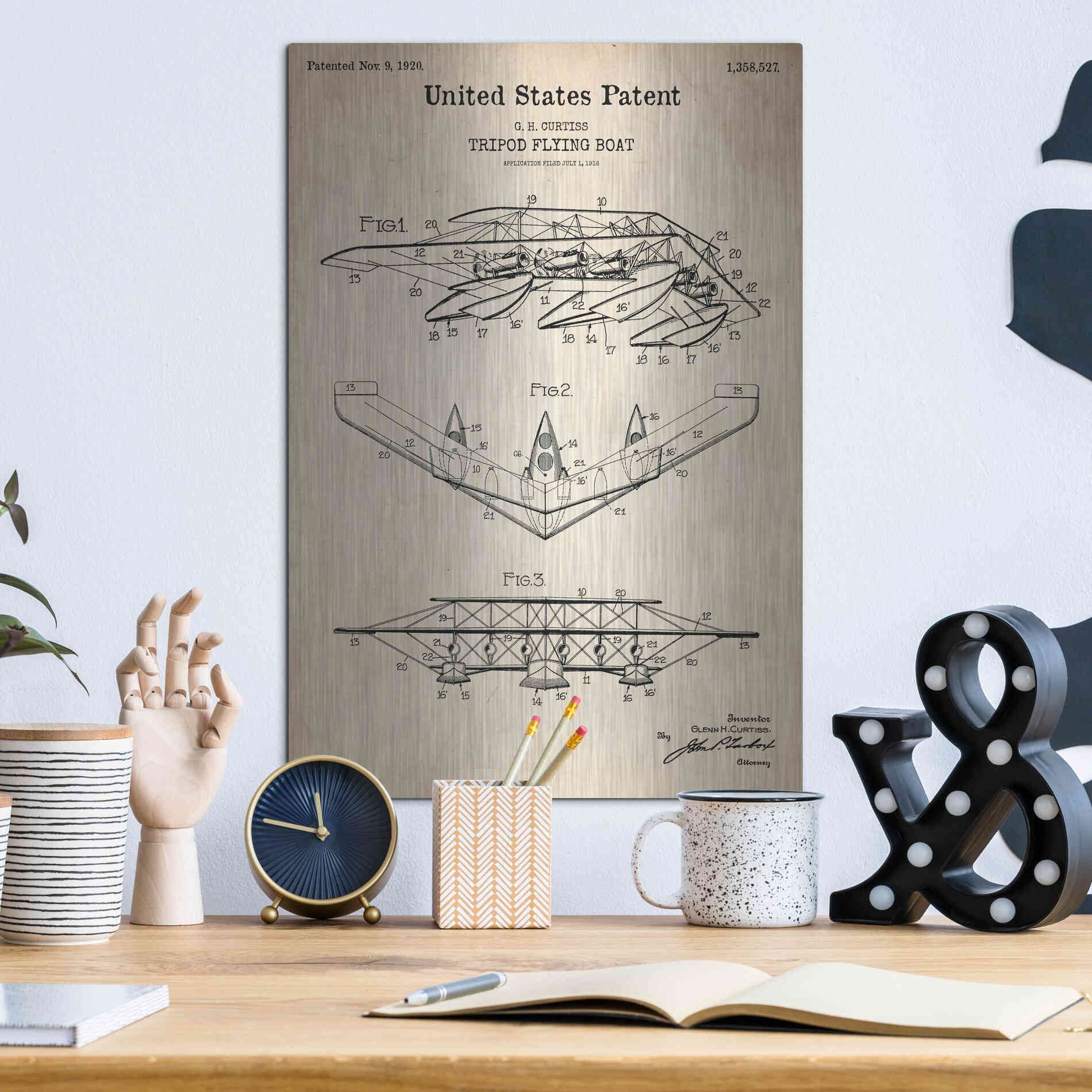 Luxe Metal Art 'Tripod Flying Boat Blueprint Patent Parchment' Metal Wall Art,12x16