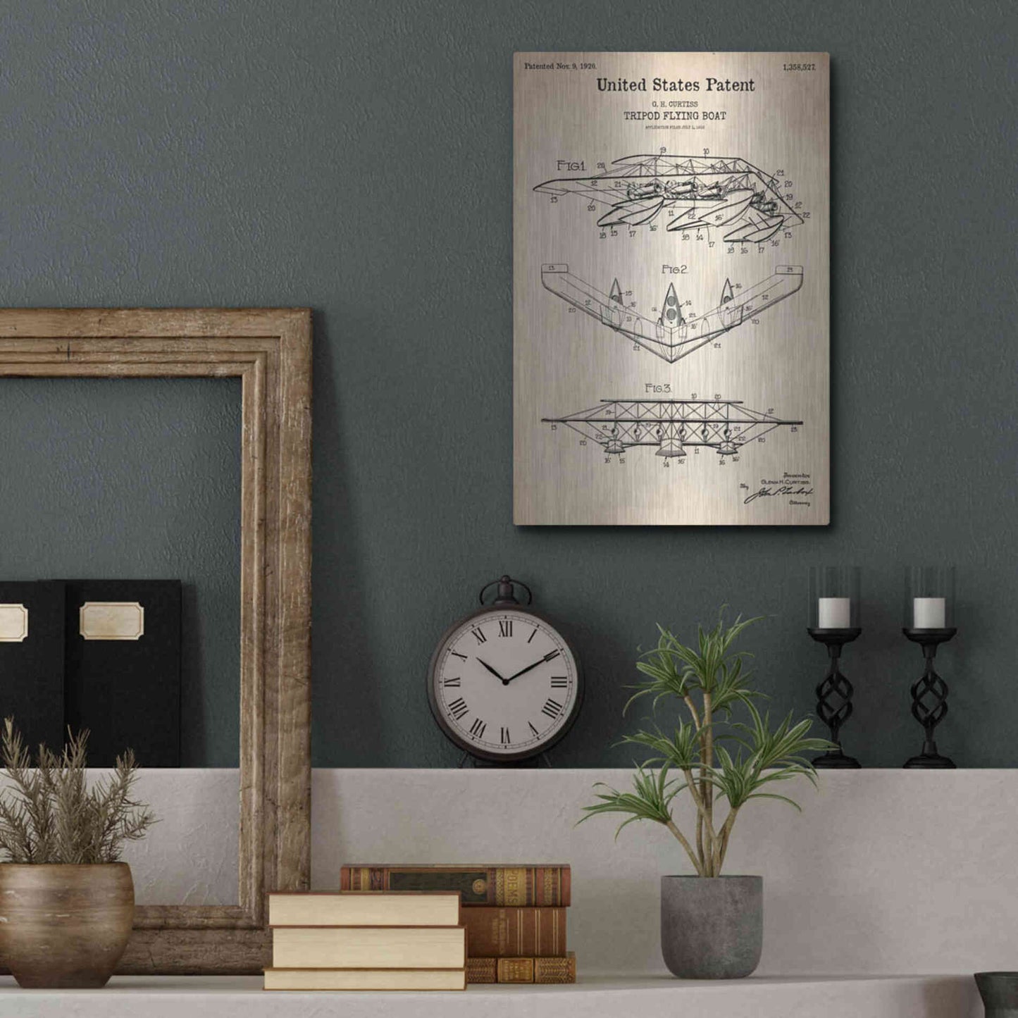 Luxe Metal Art 'Tripod Flying Boat Blueprint Patent Parchment' Metal Wall Art,12x16