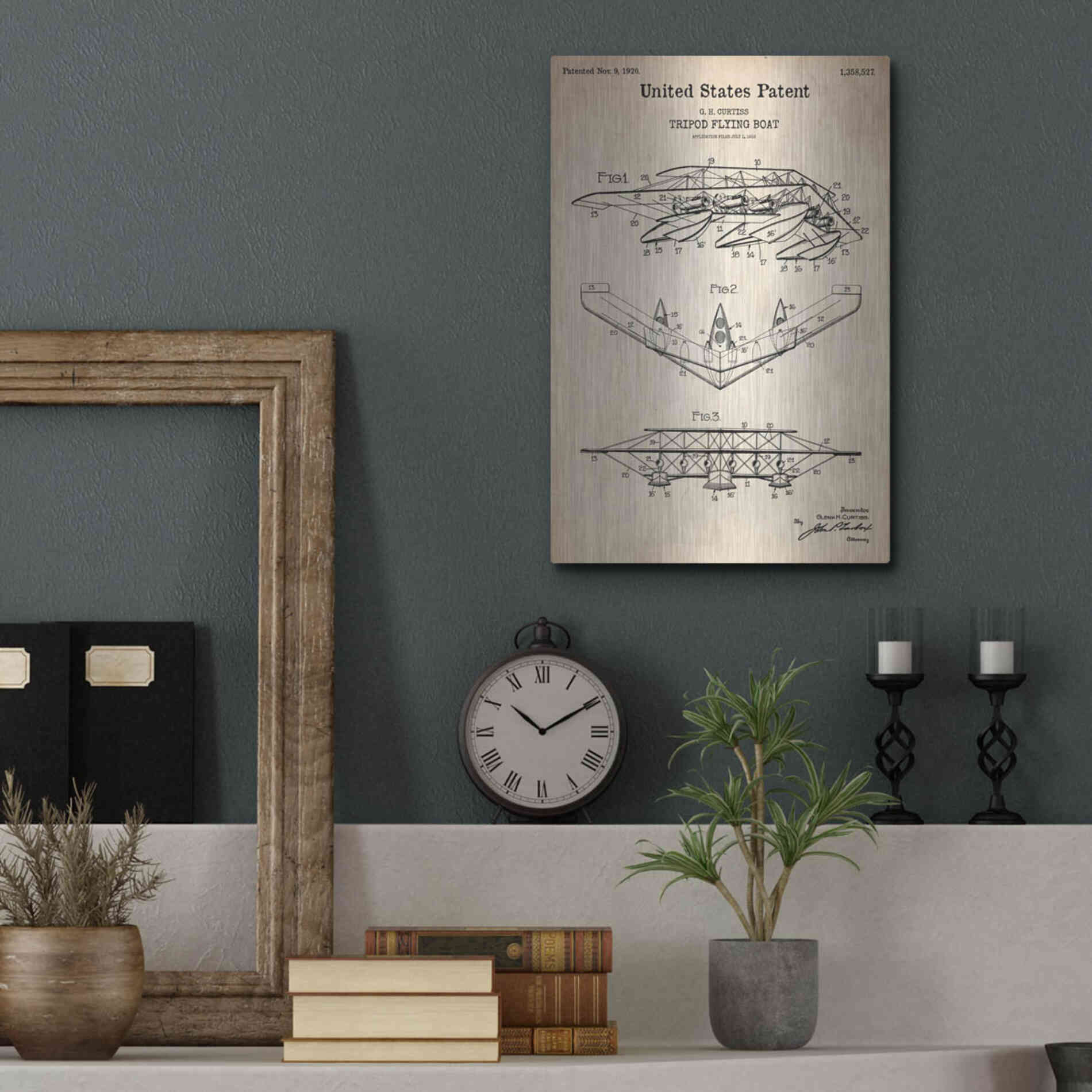Luxe Metal Art 'Tripod Flying Boat Blueprint Patent Parchment' Metal Wall Art,12x16