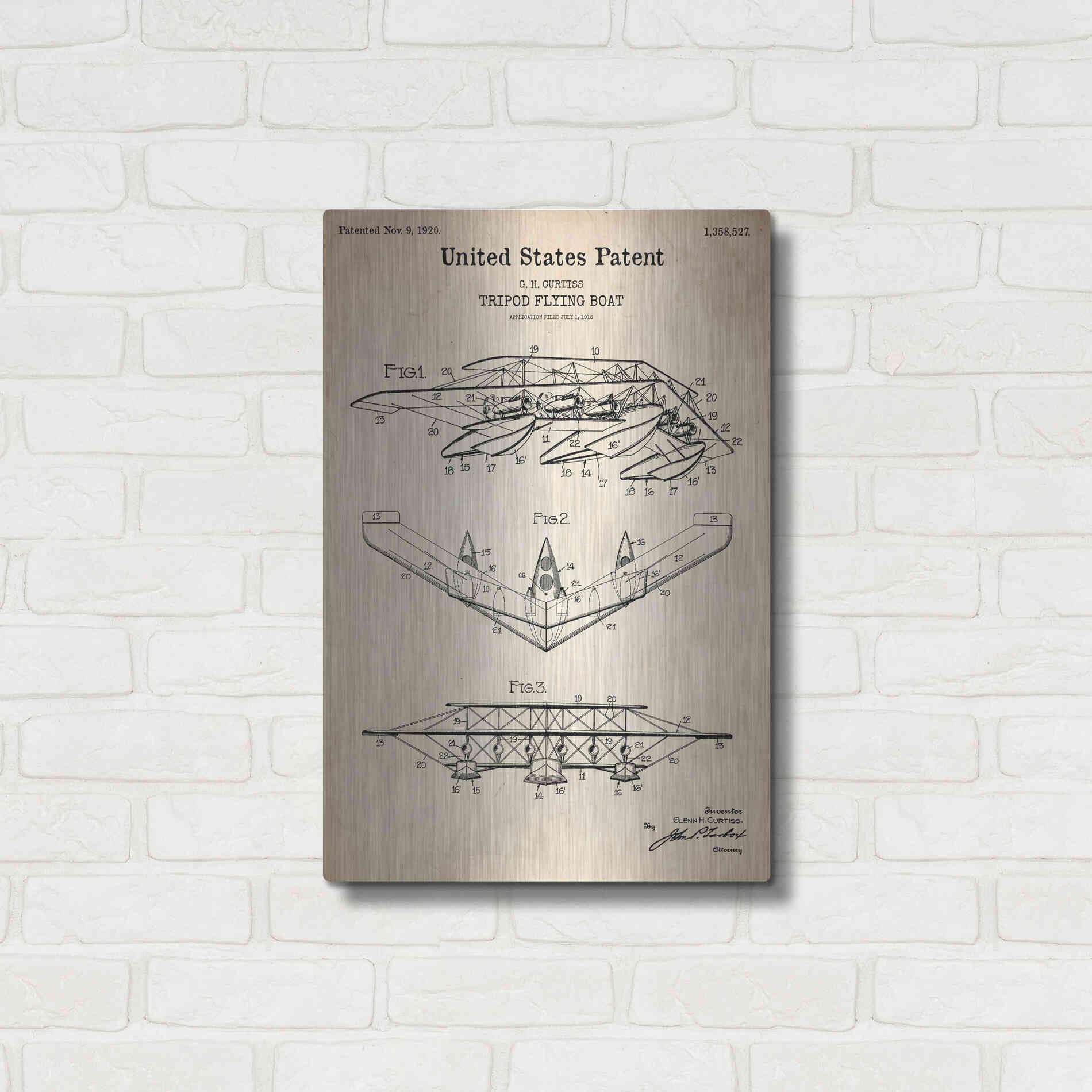 Luxe Metal Art 'Tripod Flying Boat Blueprint Patent Parchment' Metal Wall Art,16x24