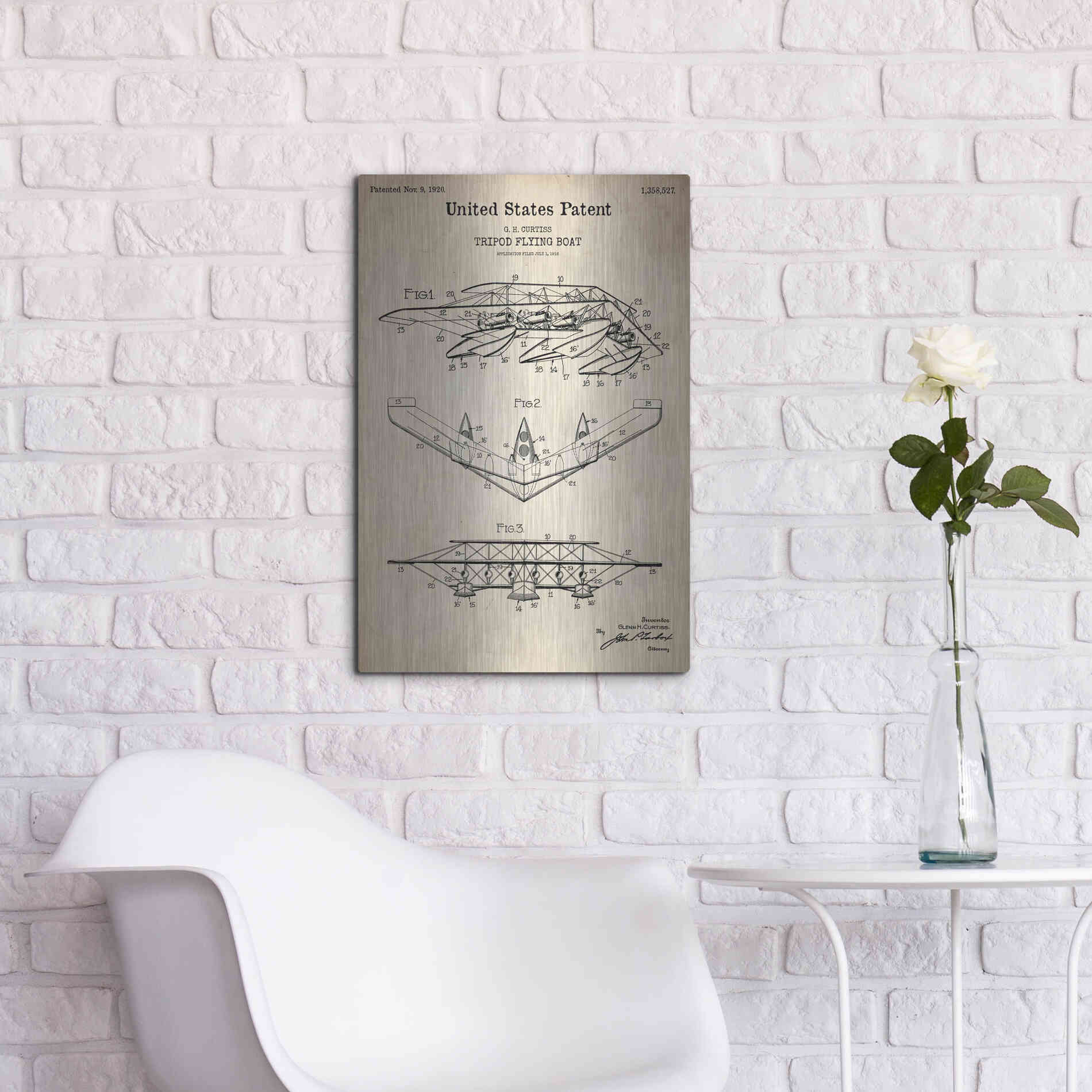 Luxe Metal Art 'Tripod Flying Boat Blueprint Patent Parchment' Metal Wall Art,16x24