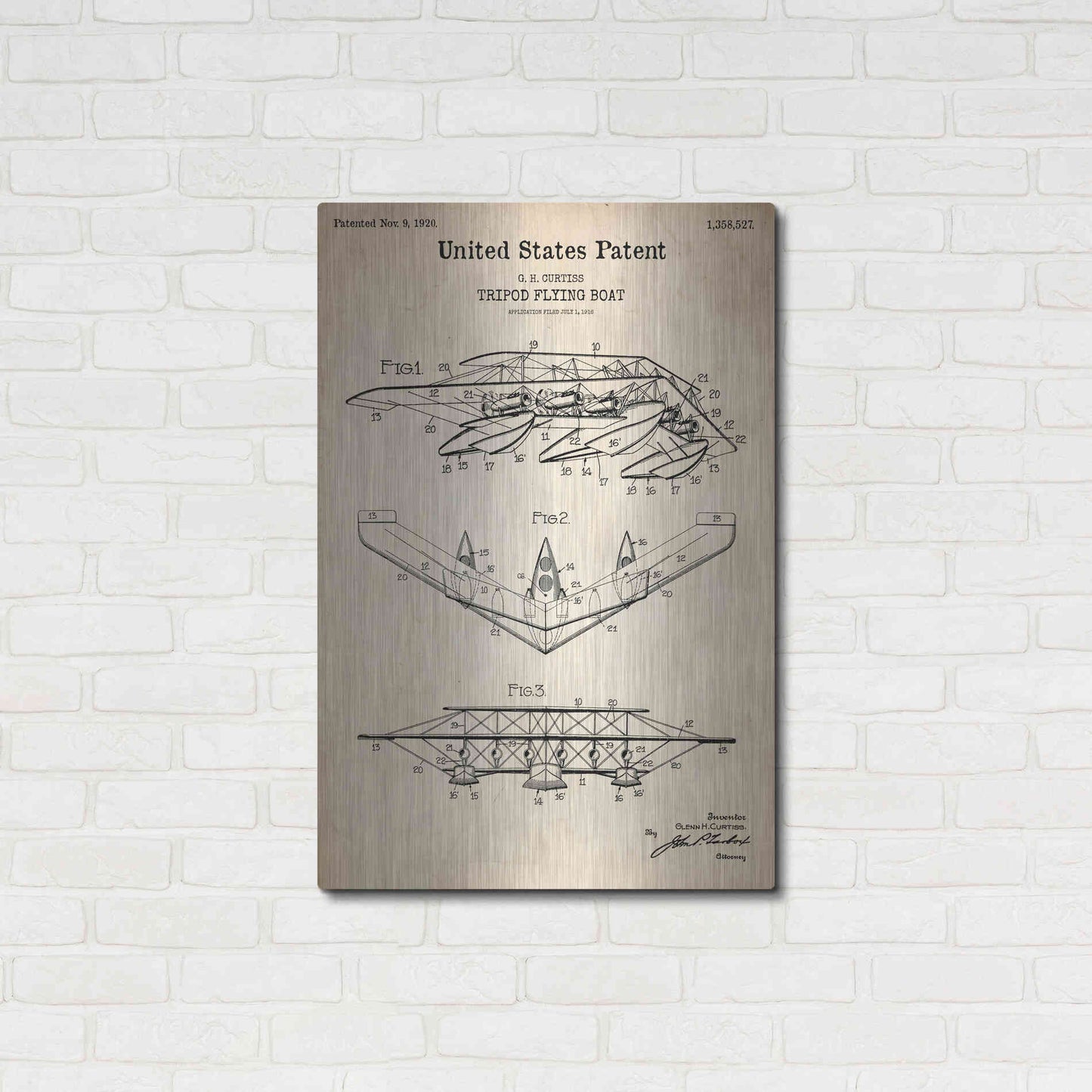 Luxe Metal Art 'Tripod Flying Boat Blueprint Patent Parchment' Metal Wall Art,24x36