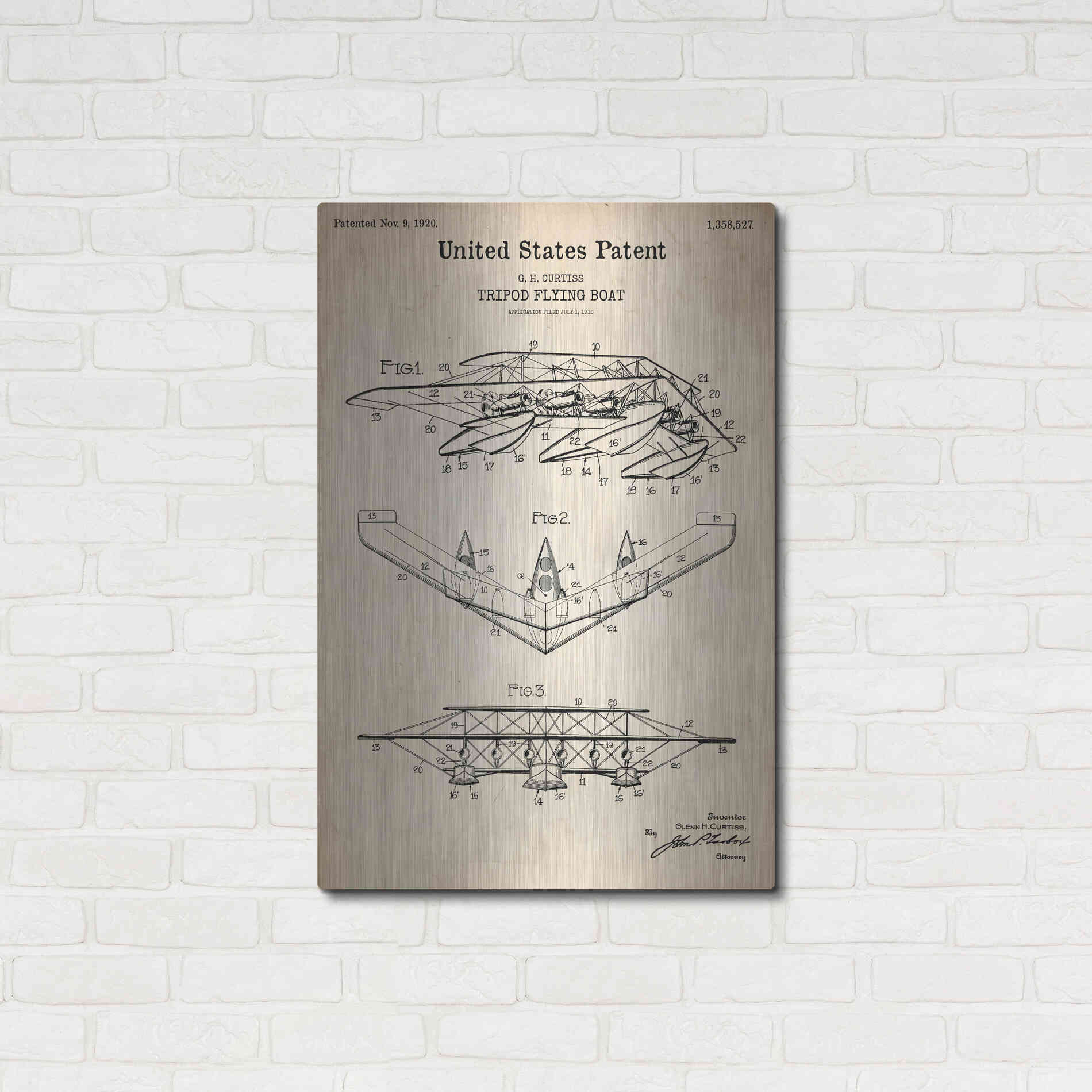 Luxe Metal Art 'Tripod Flying Boat Blueprint Patent Parchment' Metal Wall Art,24x36