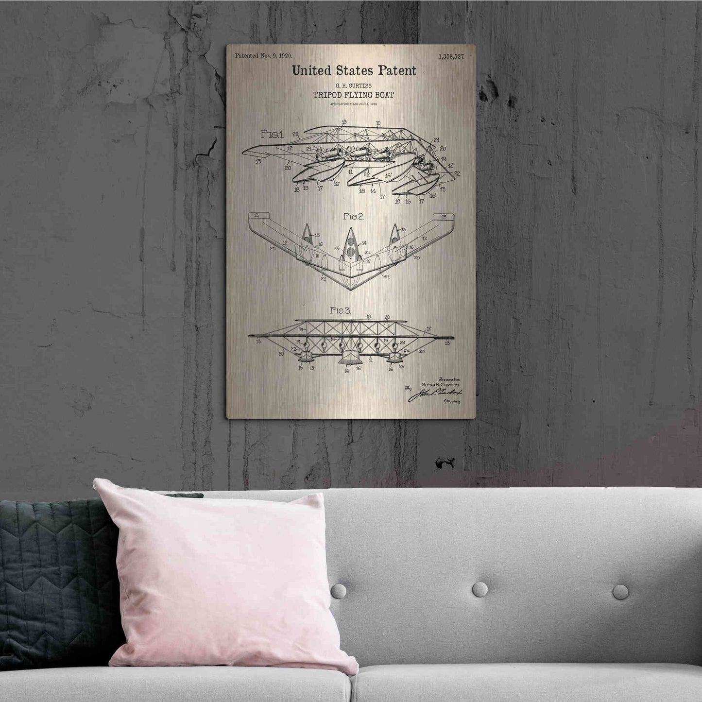 Luxe Metal Art 'Tripod Flying Boat Blueprint Patent Parchment' Metal Wall Art,24x36