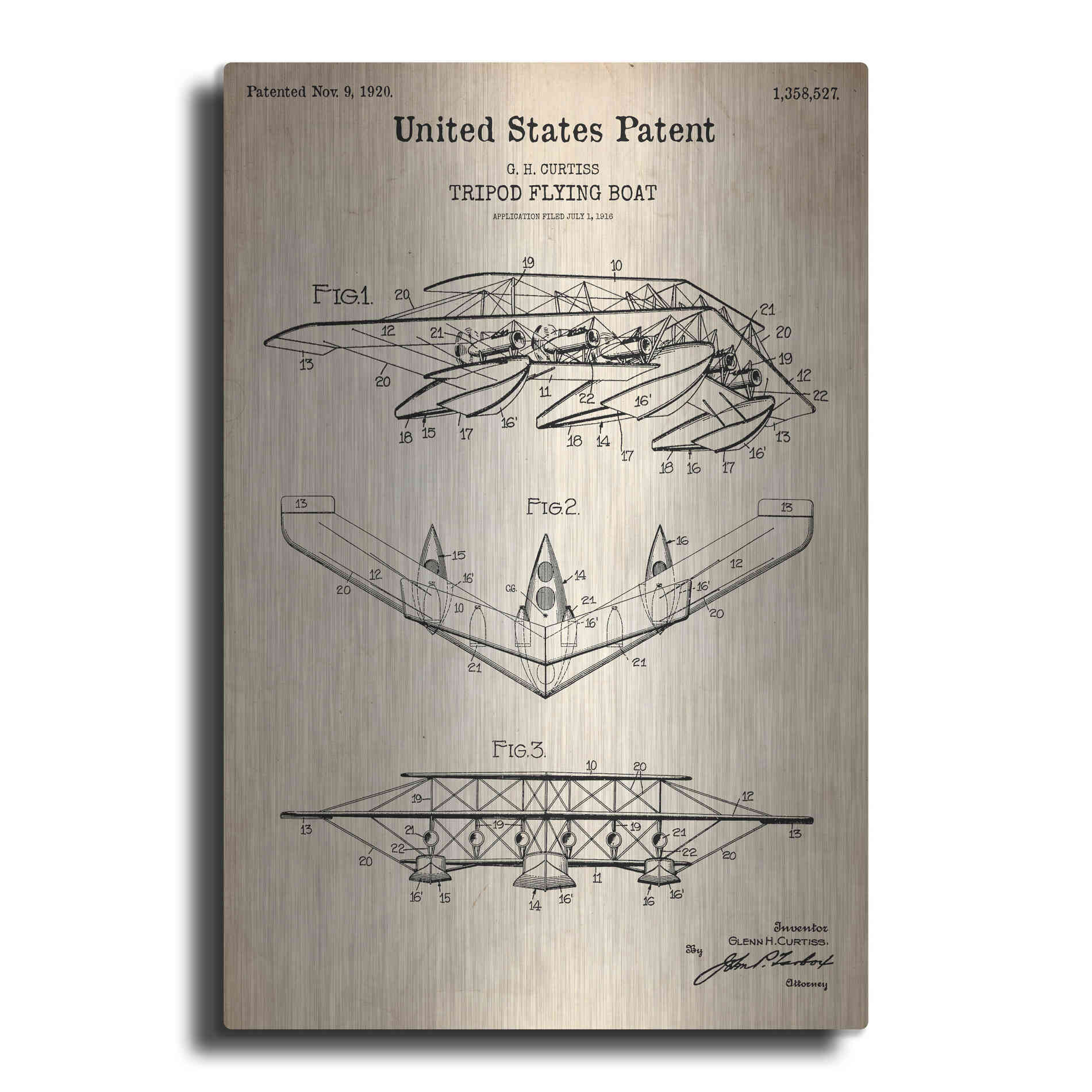 Luxe Metal Art 'Tripod Flying Boat Blueprint Patent Parchment' Metal Wall Art