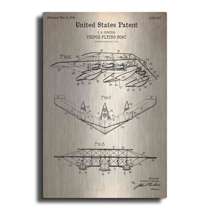 Luxe Metal Art 'Tripod Flying Boat Blueprint Patent Parchment' Metal Wall Art
