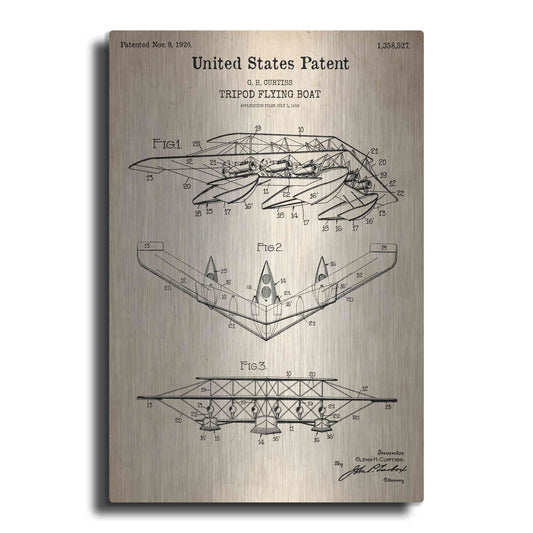 Luxe Metal Art 'Tripod Flying Boat Blueprint Patent Parchment' Metal Wall Art