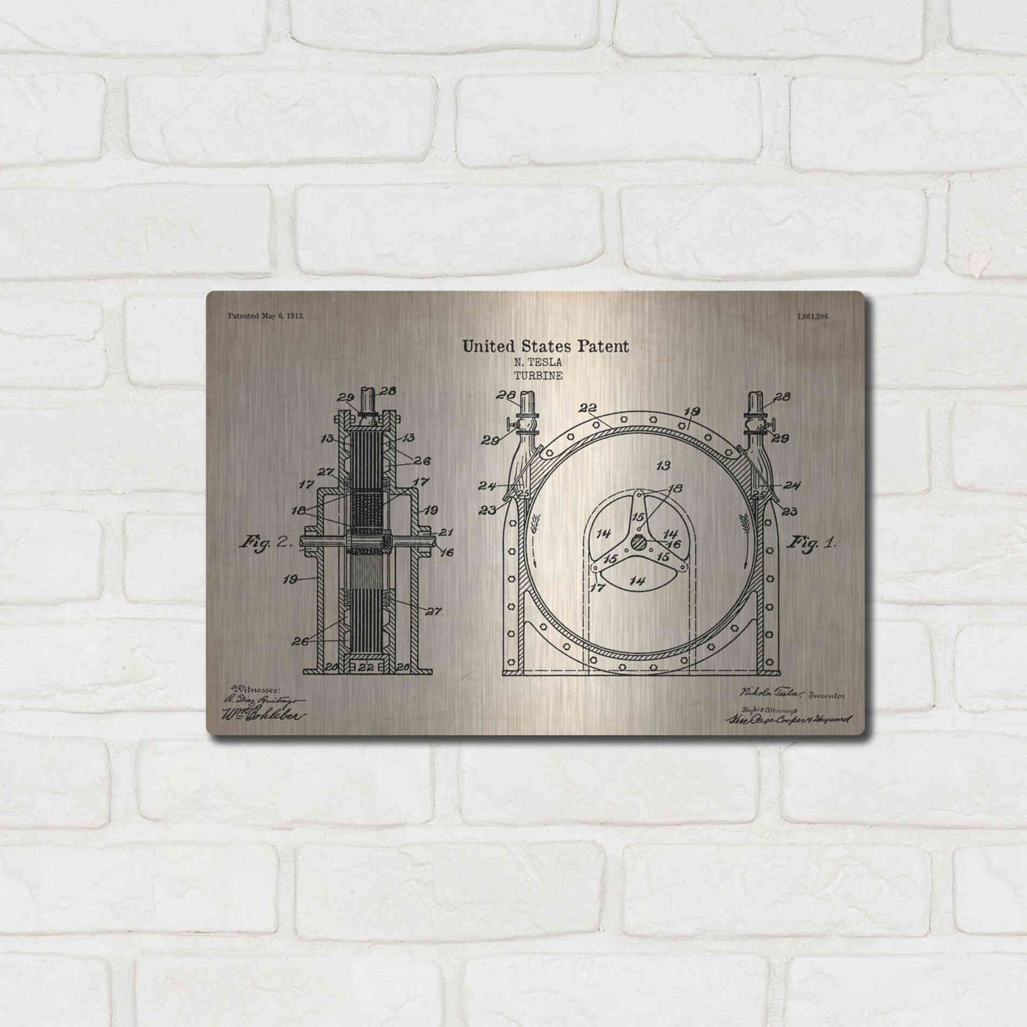 Luxe Metal Art 'Tesla Turbine Blueprint Patent Parchment' Metal Wall Art,16x12