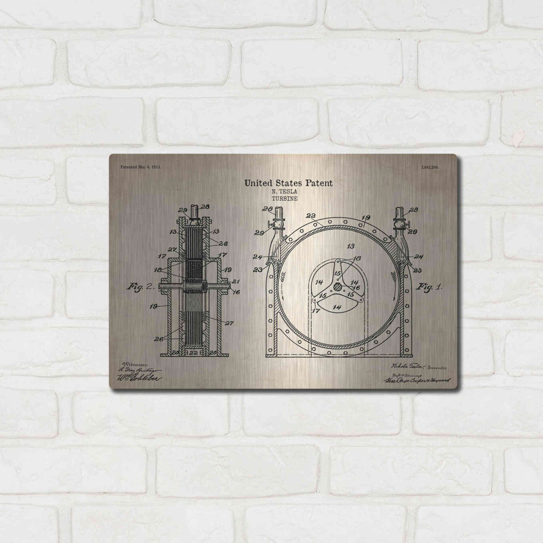 Luxe Metal Art 'Tesla Turbine Blueprint Patent Parchment' Metal Wall Art,16x12