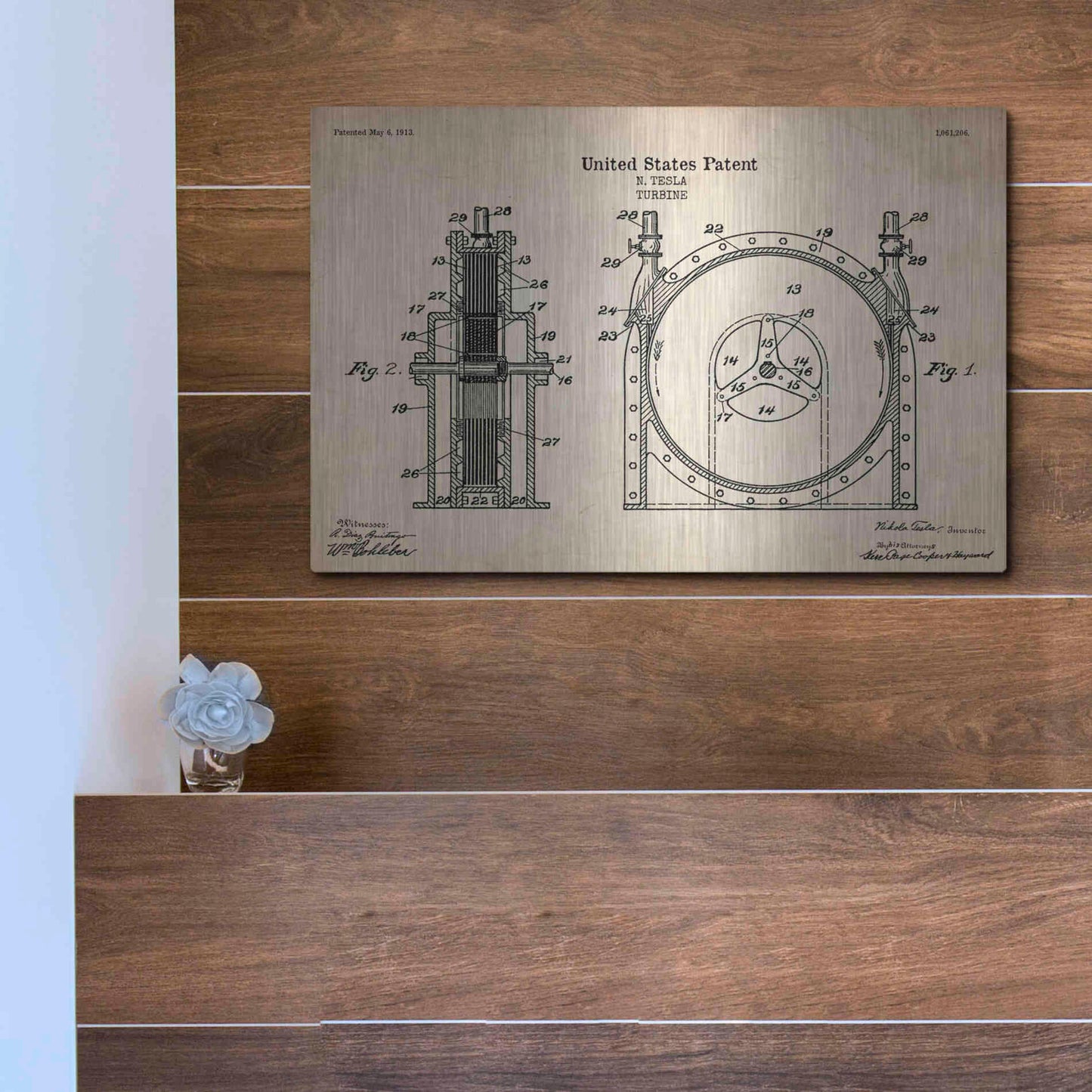 Luxe Metal Art 'Tesla Turbine Blueprint Patent Parchment' Metal Wall Art,16x12