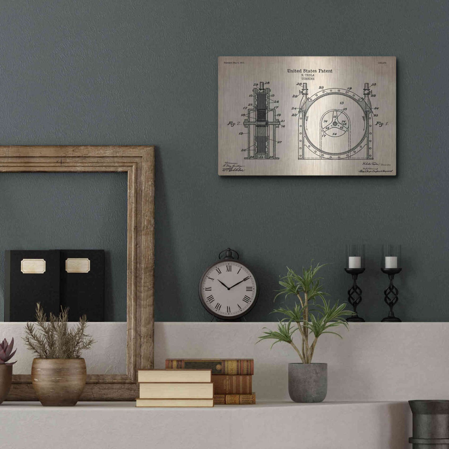 Luxe Metal Art 'Tesla Turbine Blueprint Patent Parchment' Metal Wall Art,16x12