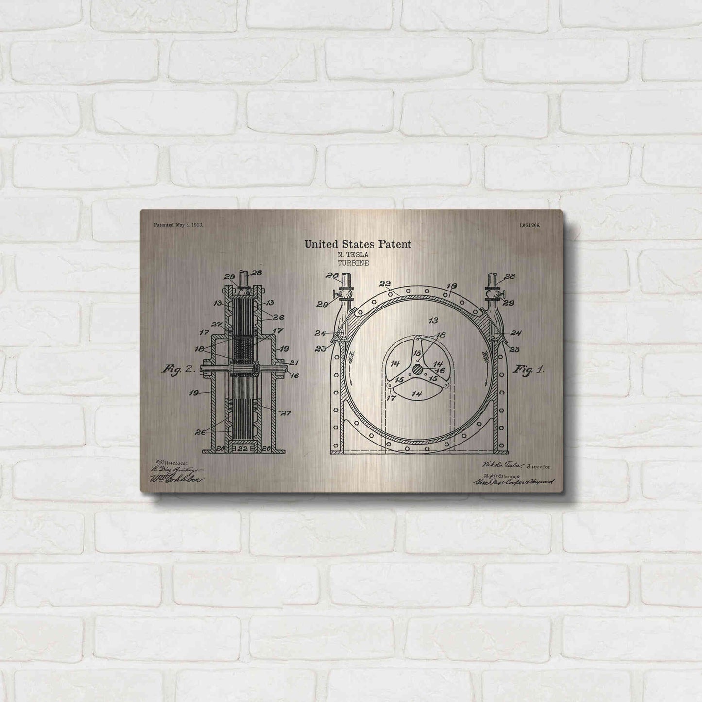 Luxe Metal Art 'Tesla Turbine Blueprint Patent Parchment' Metal Wall Art,24x16