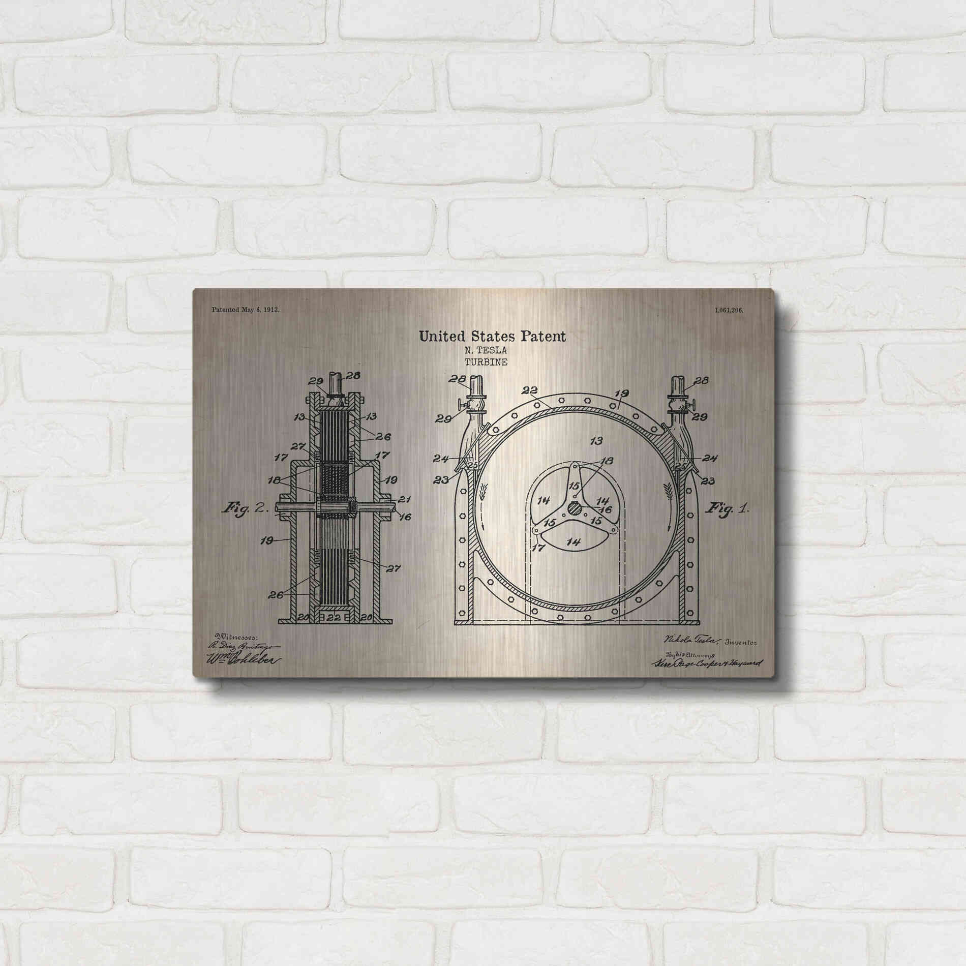 Luxe Metal Art 'Tesla Turbine Blueprint Patent Parchment' Metal Wall Art,24x16