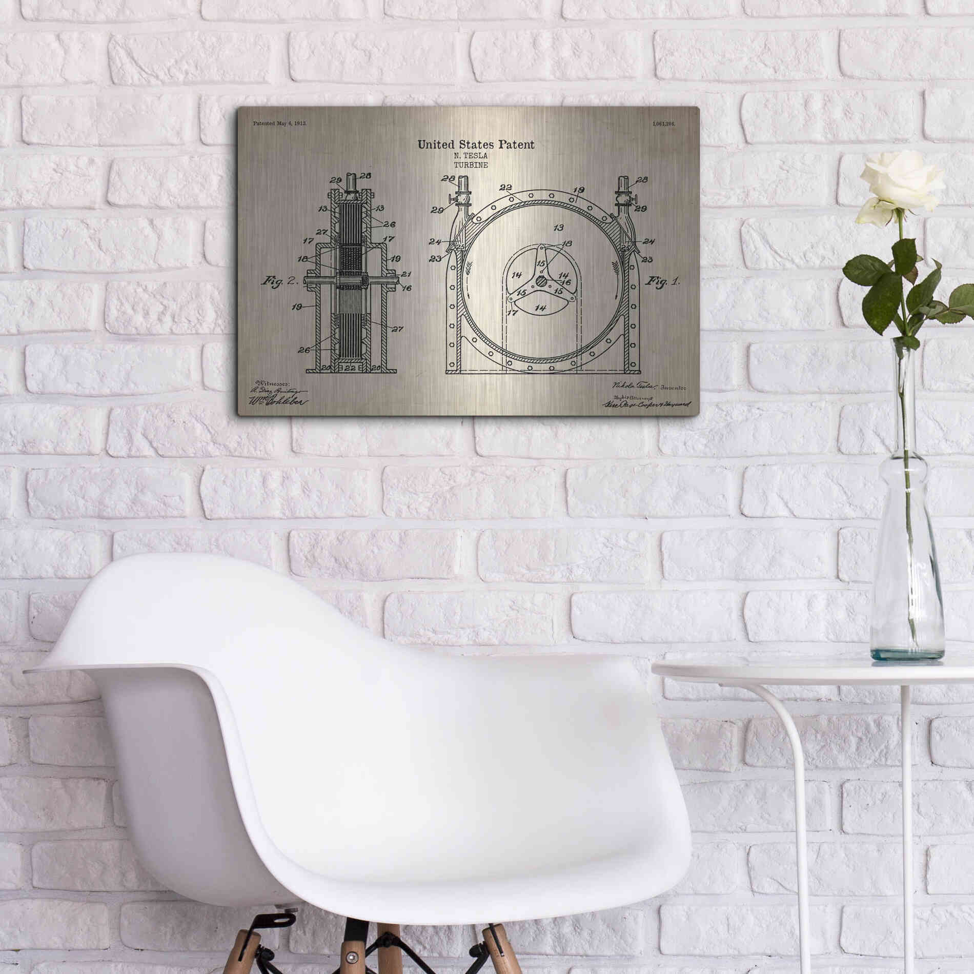 Luxe Metal Art 'Tesla Turbine Blueprint Patent Parchment' Metal Wall Art,24x16