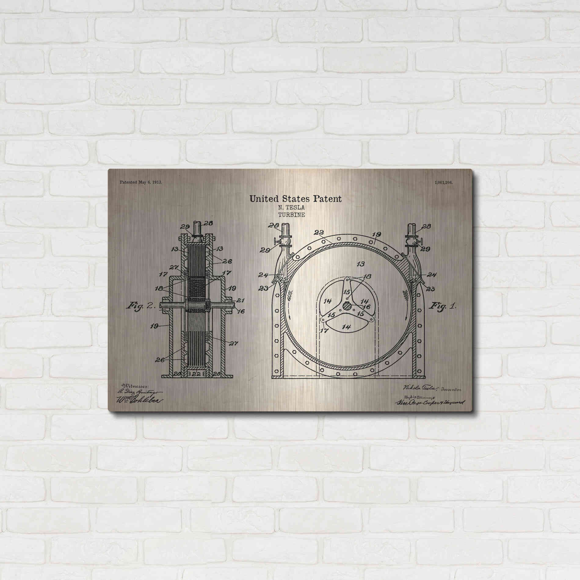 Luxe Metal Art 'Tesla Turbine Blueprint Patent Parchment' Metal Wall Art,36x24