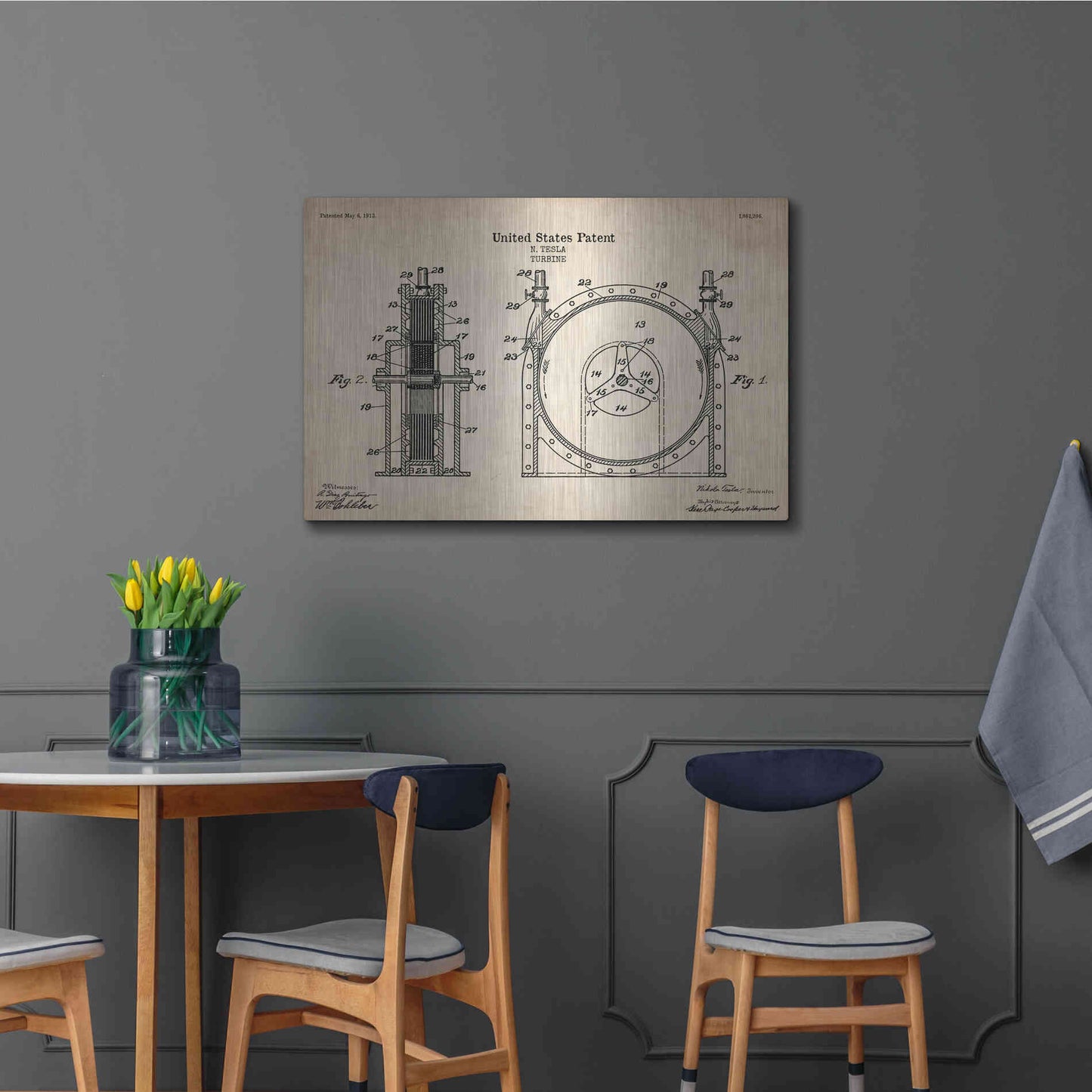 Luxe Metal Art 'Tesla Turbine Blueprint Patent Parchment' Metal Wall Art,36x24