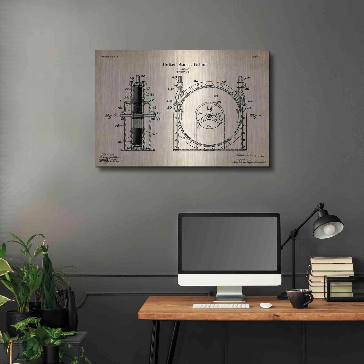 Luxe Metal Art 'Tesla Turbine Blueprint Patent Parchment' Metal Wall Art,36x24