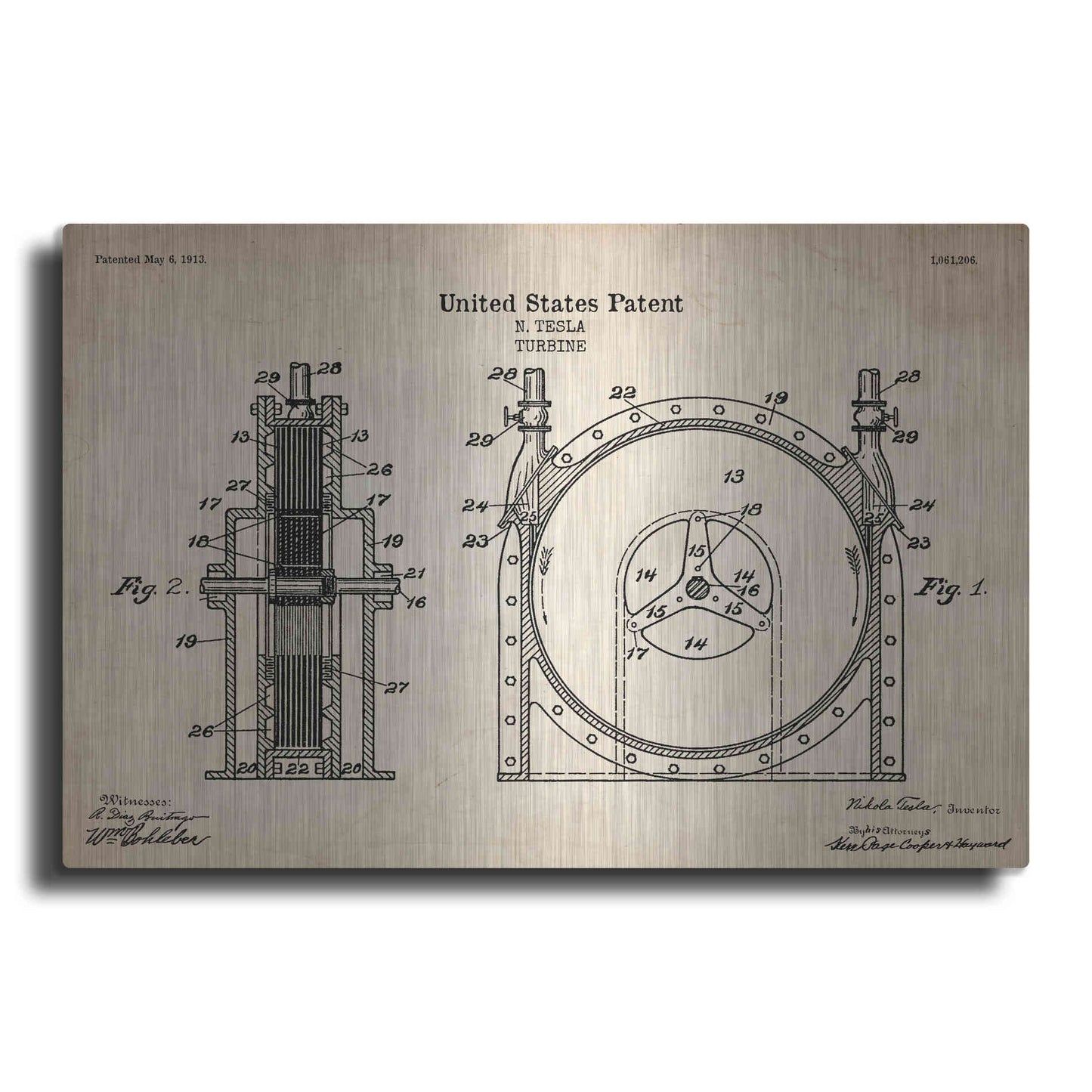 Luxe Metal Art 'Tesla Turbine Blueprint Patent Parchment' Metal Wall Art