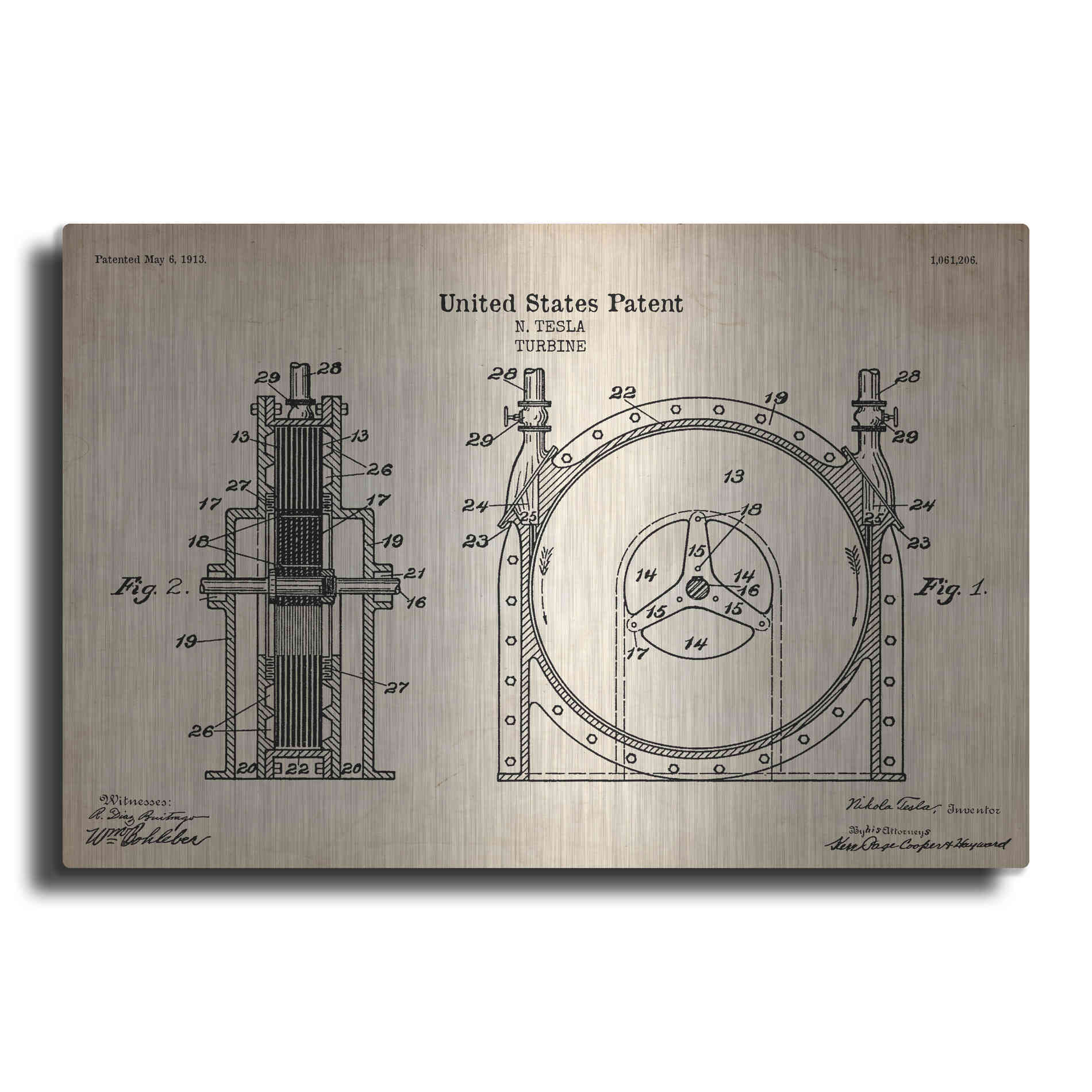 Luxe Metal Art 'Tesla Turbine Blueprint Patent Parchment' Metal Wall Art