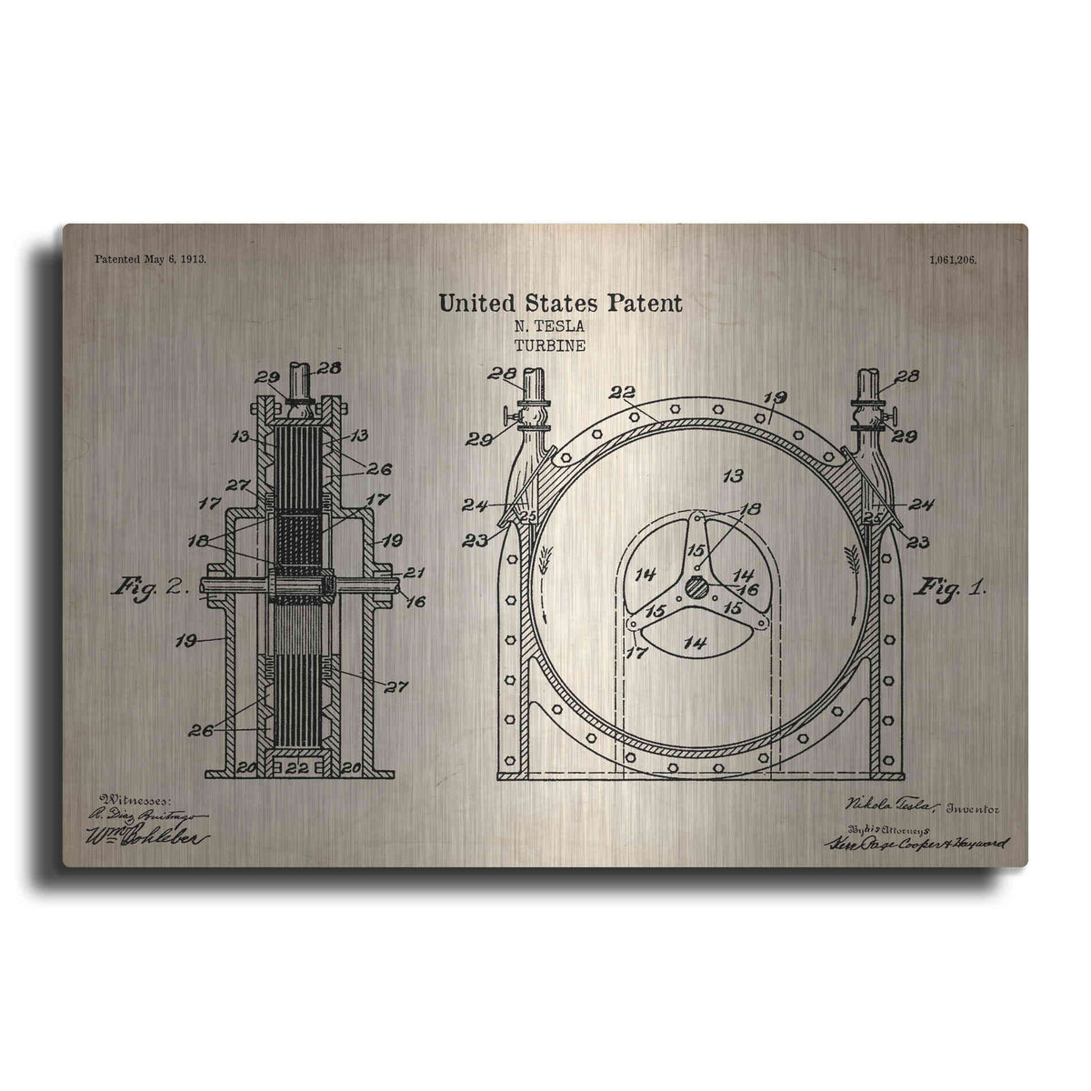 Luxe Metal Art 'Tesla Turbine Blueprint Patent Parchment' Metal Wall Art