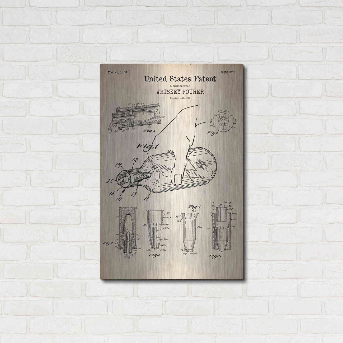 Luxe Metal Art 'Whiskey Pourer Blueprint Patent Parchment' Metal Wall Art,24x36