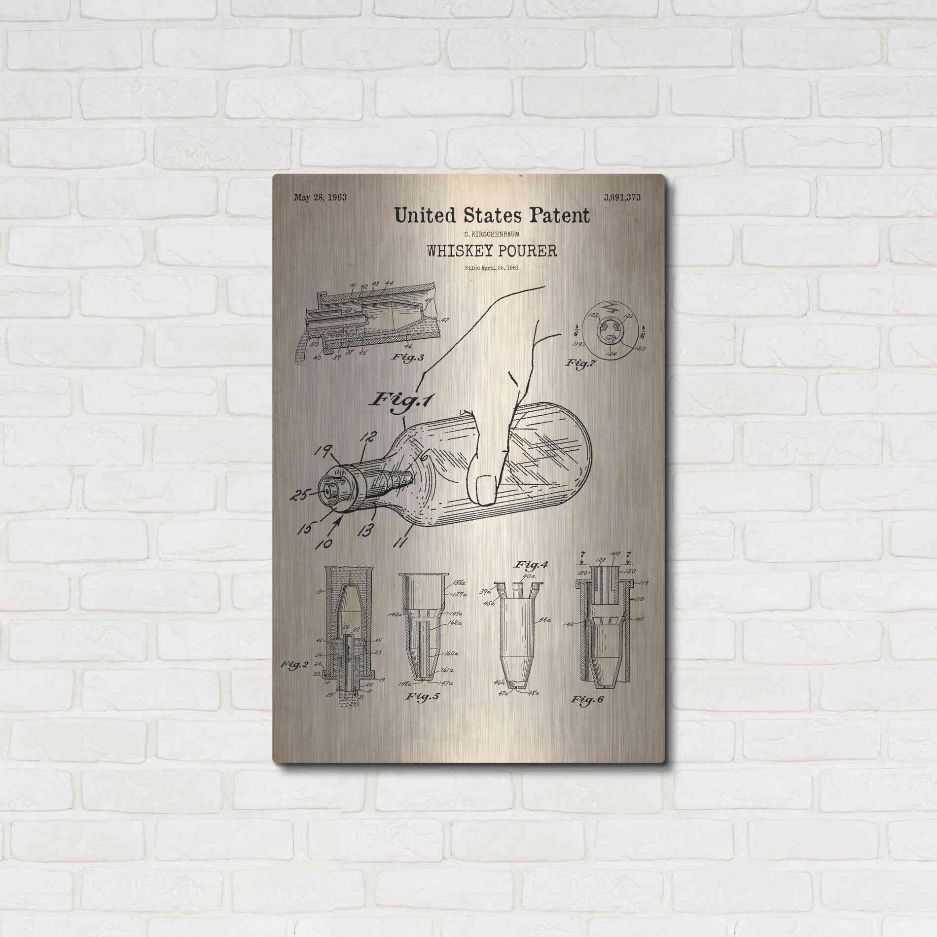 Luxe Metal Art 'Whiskey Pourer Blueprint Patent Parchment' Metal Wall Art,24x36