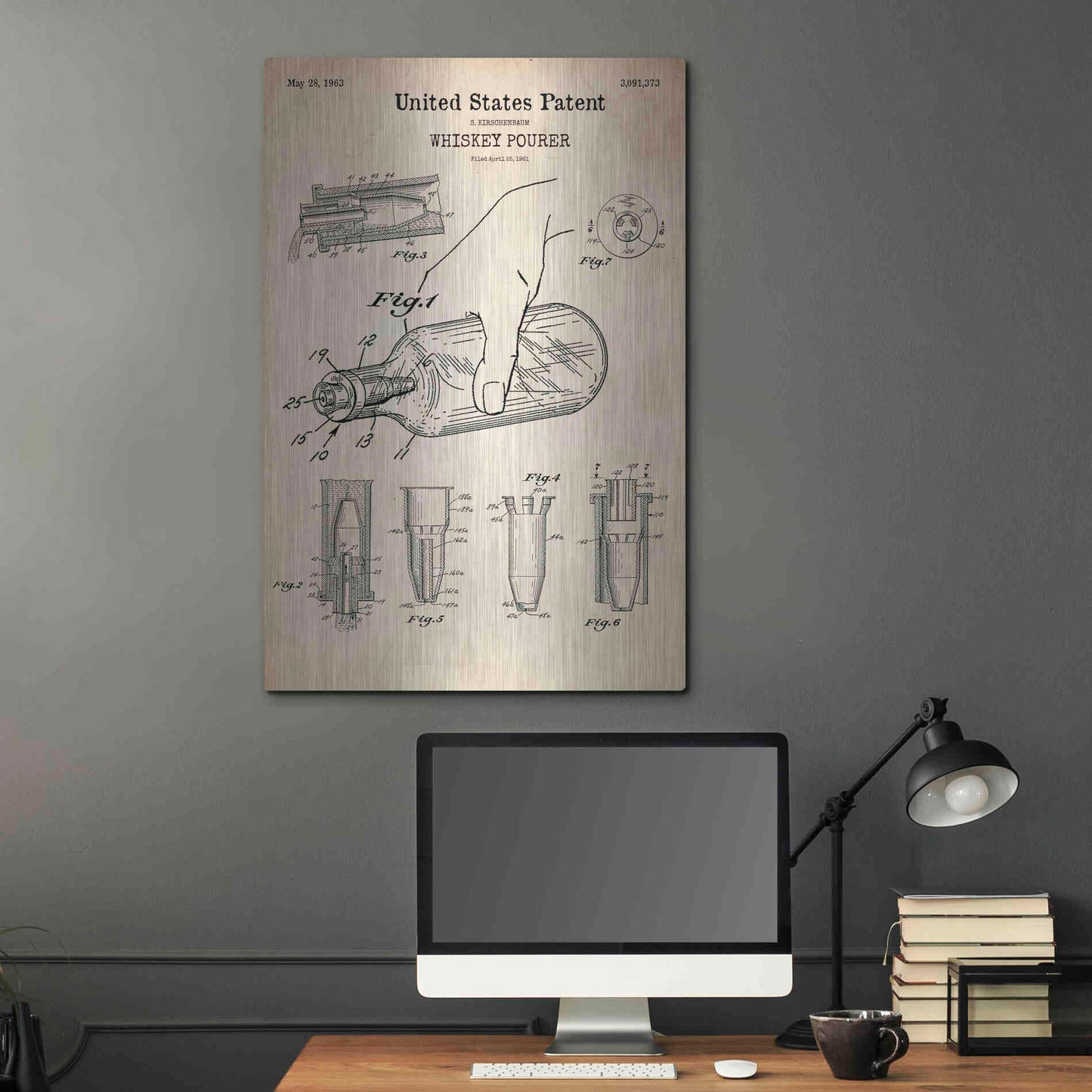 Luxe Metal Art 'Whiskey Pourer Blueprint Patent Parchment' Metal Wall Art,24x36