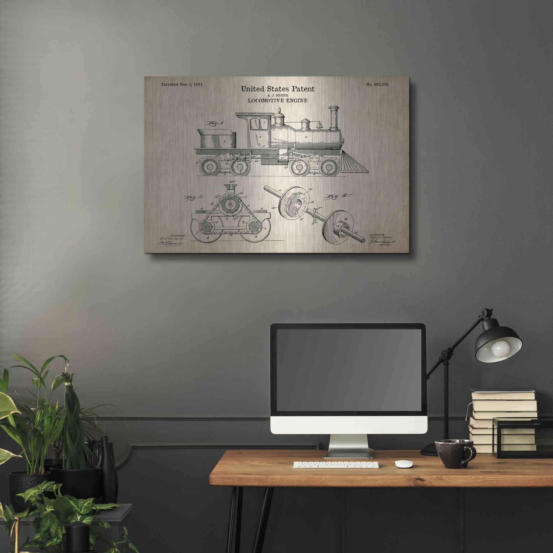 Luxe Metal Art 'Locomotive Engine Blueprint Patent Parchment' Metal Wall Art,36x24