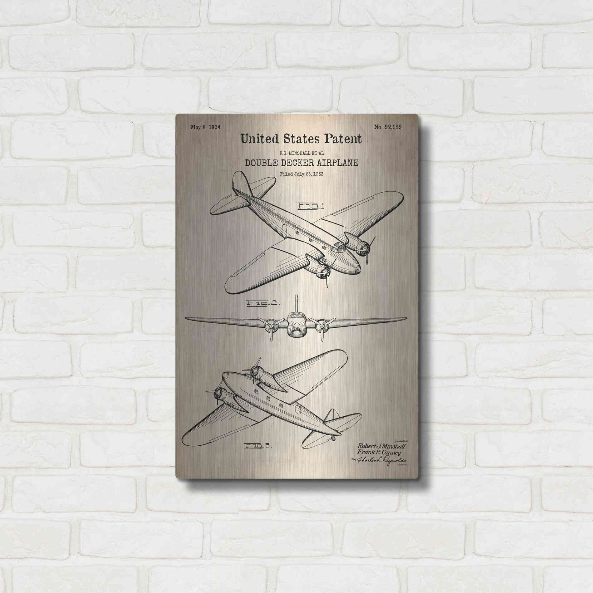 Luxe Metal Art 'Double Decker Airplane Blueprint Patent Parchment' Metal Wall Art,16x24