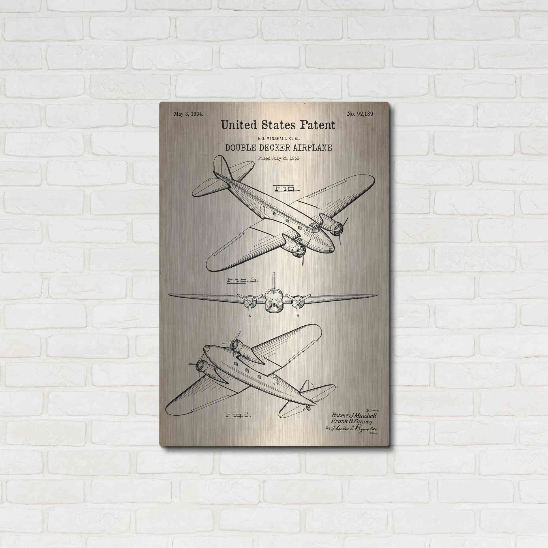 Luxe Metal Art 'Double Decker Airplane Blueprint Patent Parchment' Metal Wall Art,24x36
