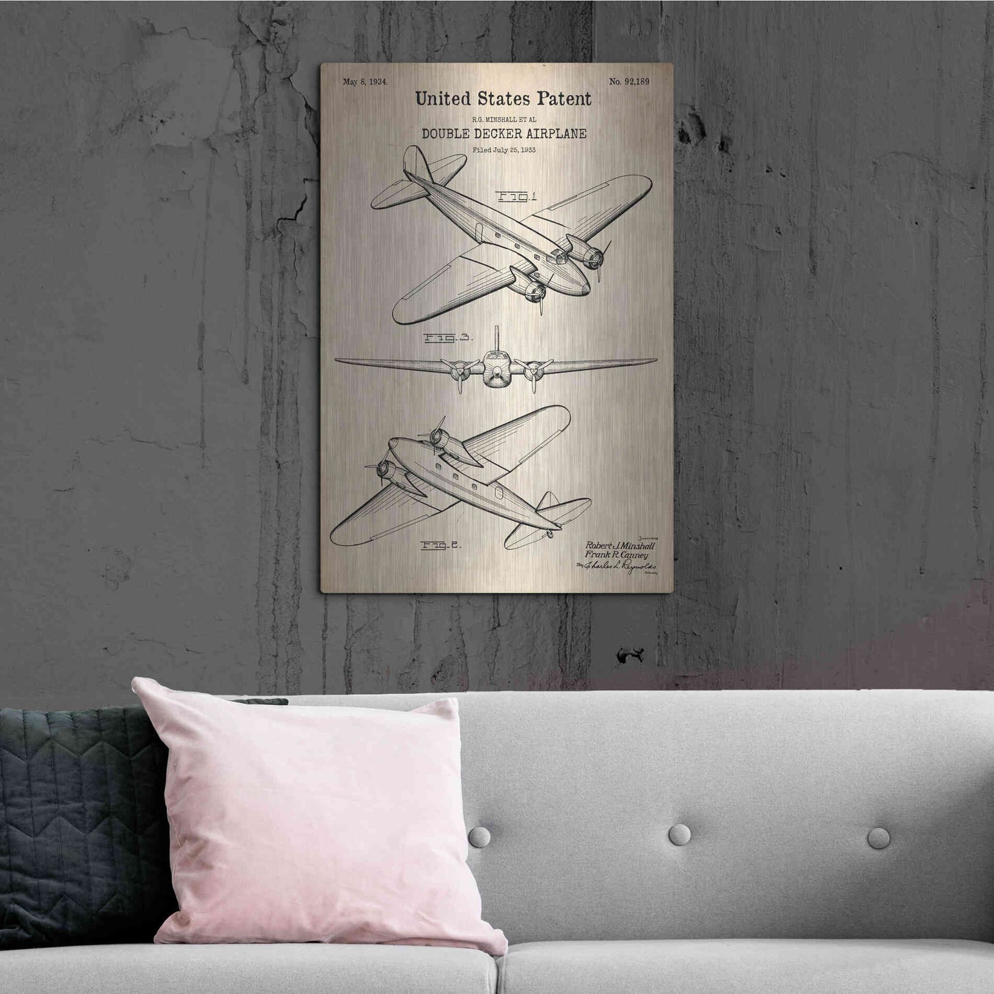 Luxe Metal Art 'Double Decker Airplane Blueprint Patent Parchment' Metal Wall Art,24x36